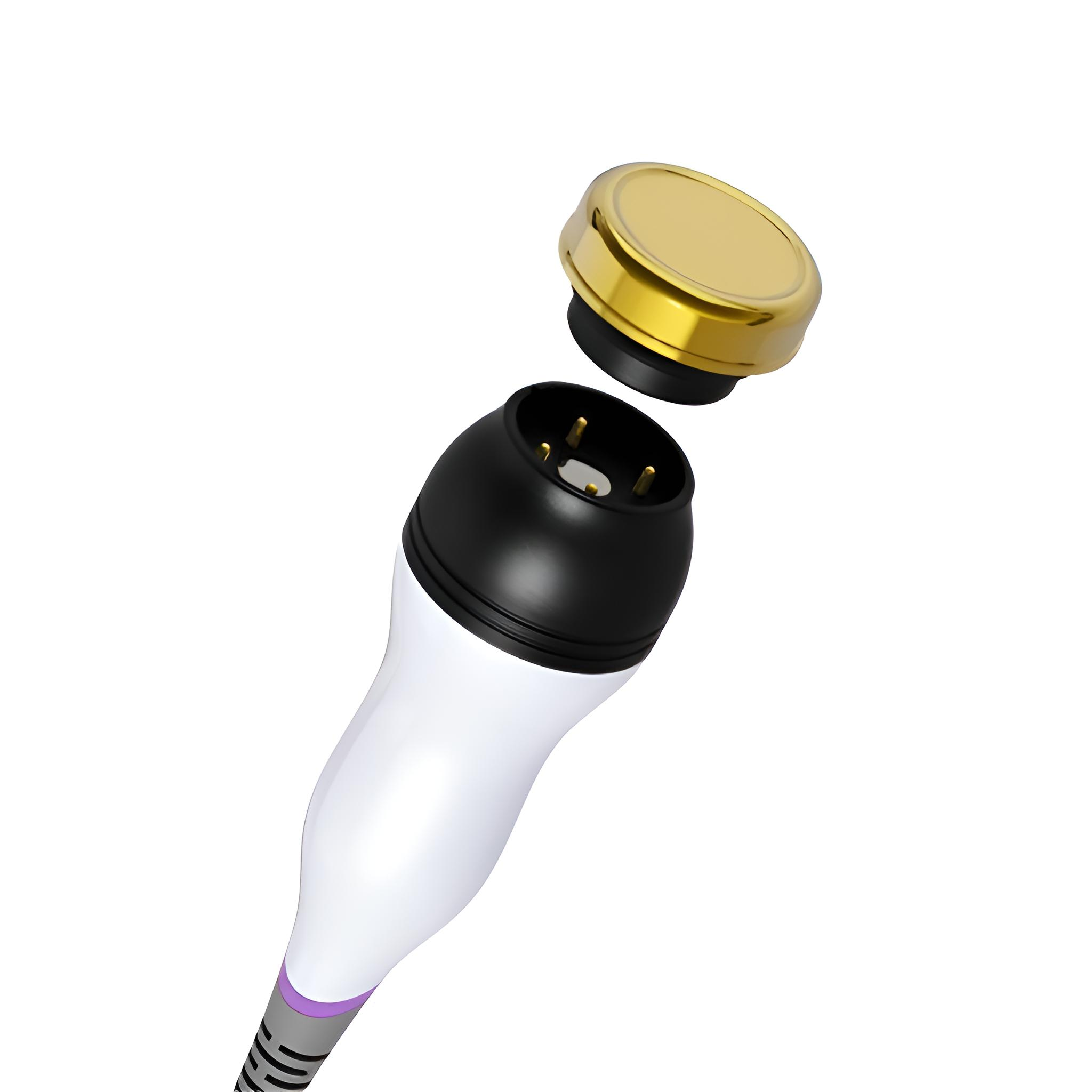Ein weißes und schwarzes Gerät mit goldenem Deckel, getrennt. Das Gerät hat einen weißen Griff und ein graues Kabel. Isoliert auf Weiß.