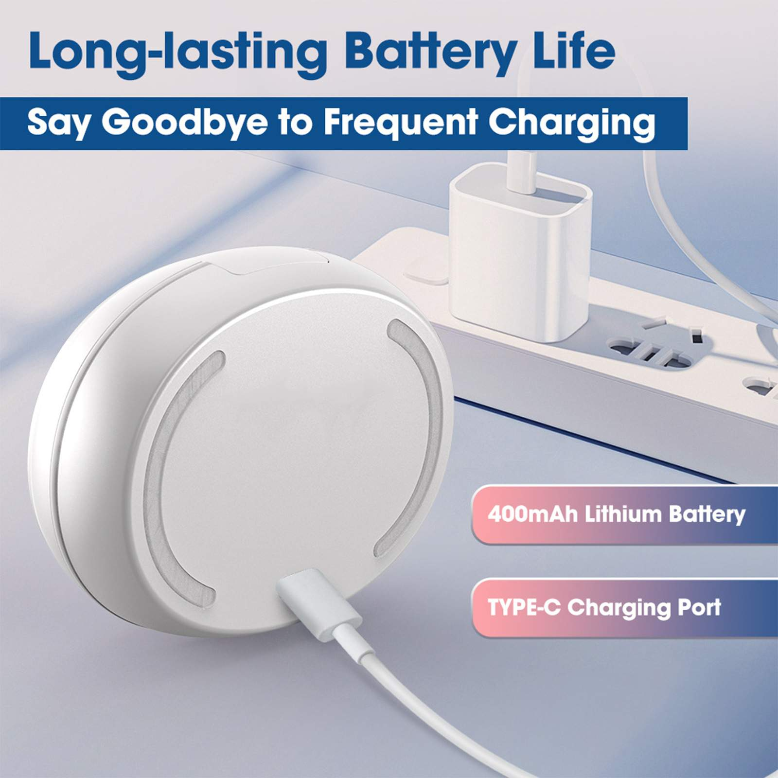 Ein weißes kabelloses Ladegerät mit einem Ladekabel ist angeschlossen. Der Text lautet: lange Akkulaufzeit, 400mAh Akku und Typ-C-Aufladung.