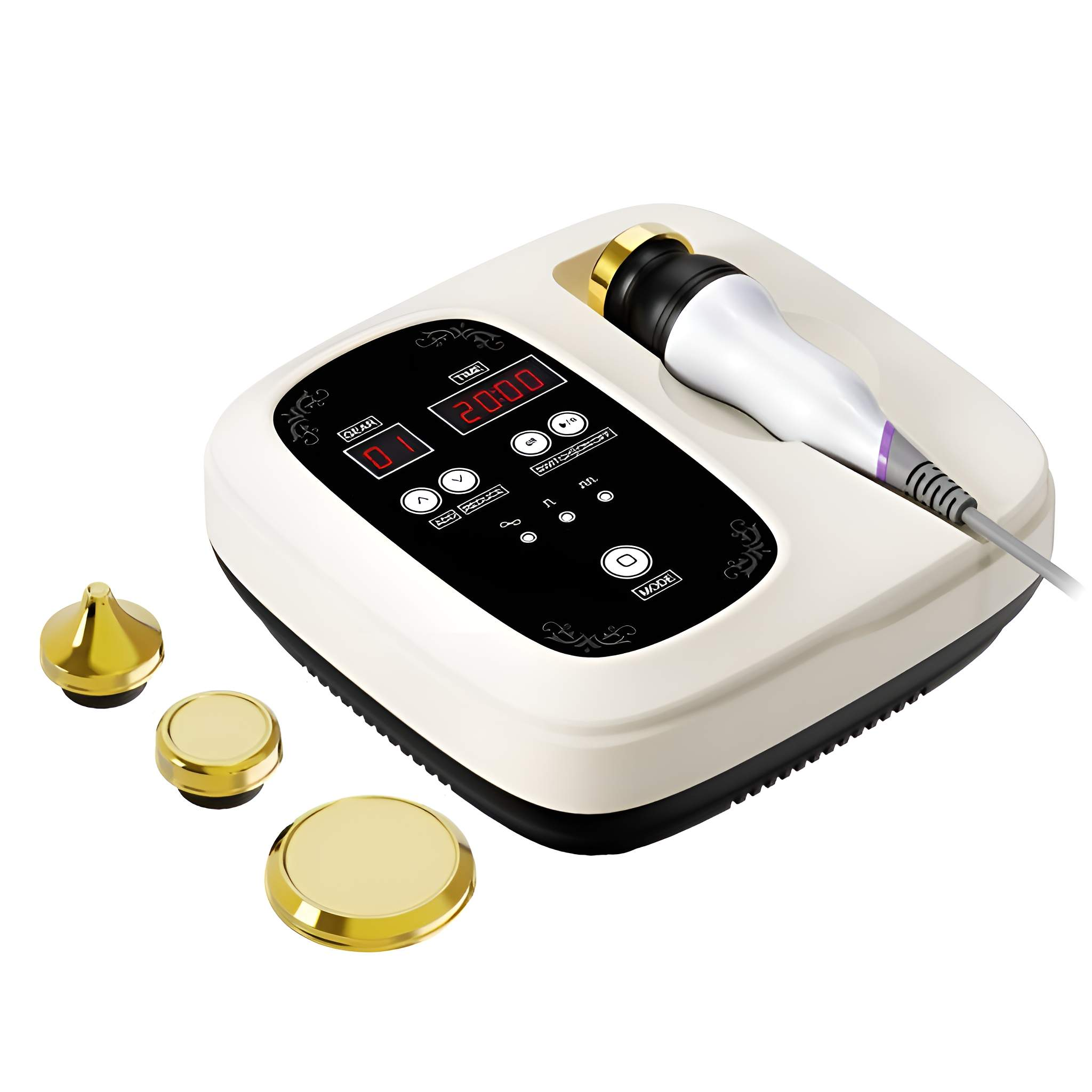 Ein cremefarbenes Schönheitsgerät mit schwarzem Display und Handapplikator. Drei goldene Aufsätze links.