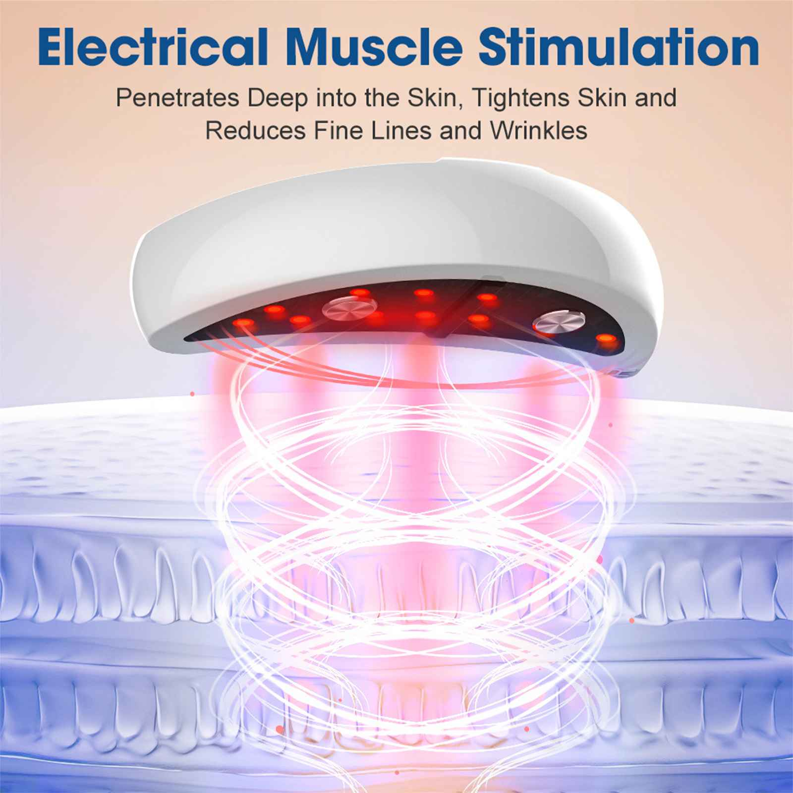 Gerät emittiert rotes Licht, das auf die Haut abzielt. Der Text lautet "Elektrische Muskelstimulation". Es soll die Haut straffen und Falten reduzieren.