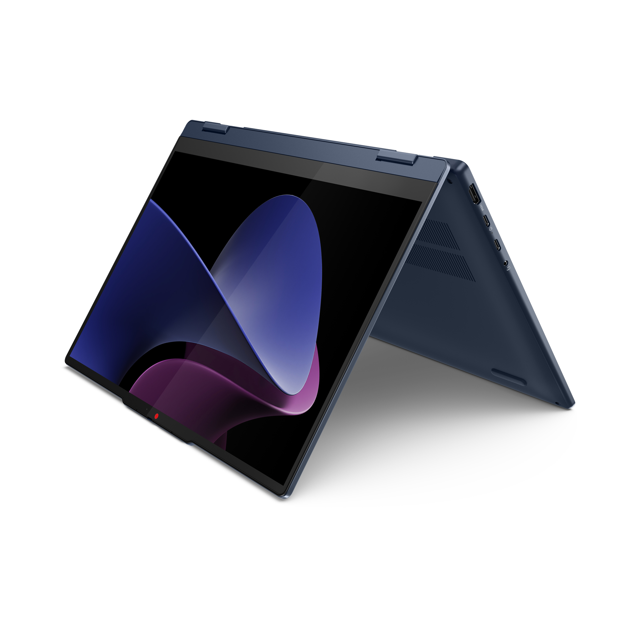 Ein geöffneter blauer Laptop mit einem Bildschirm, der abstrakte Formen in Blau- und Lilatönen zeigt, vor weißem Hintergrund.