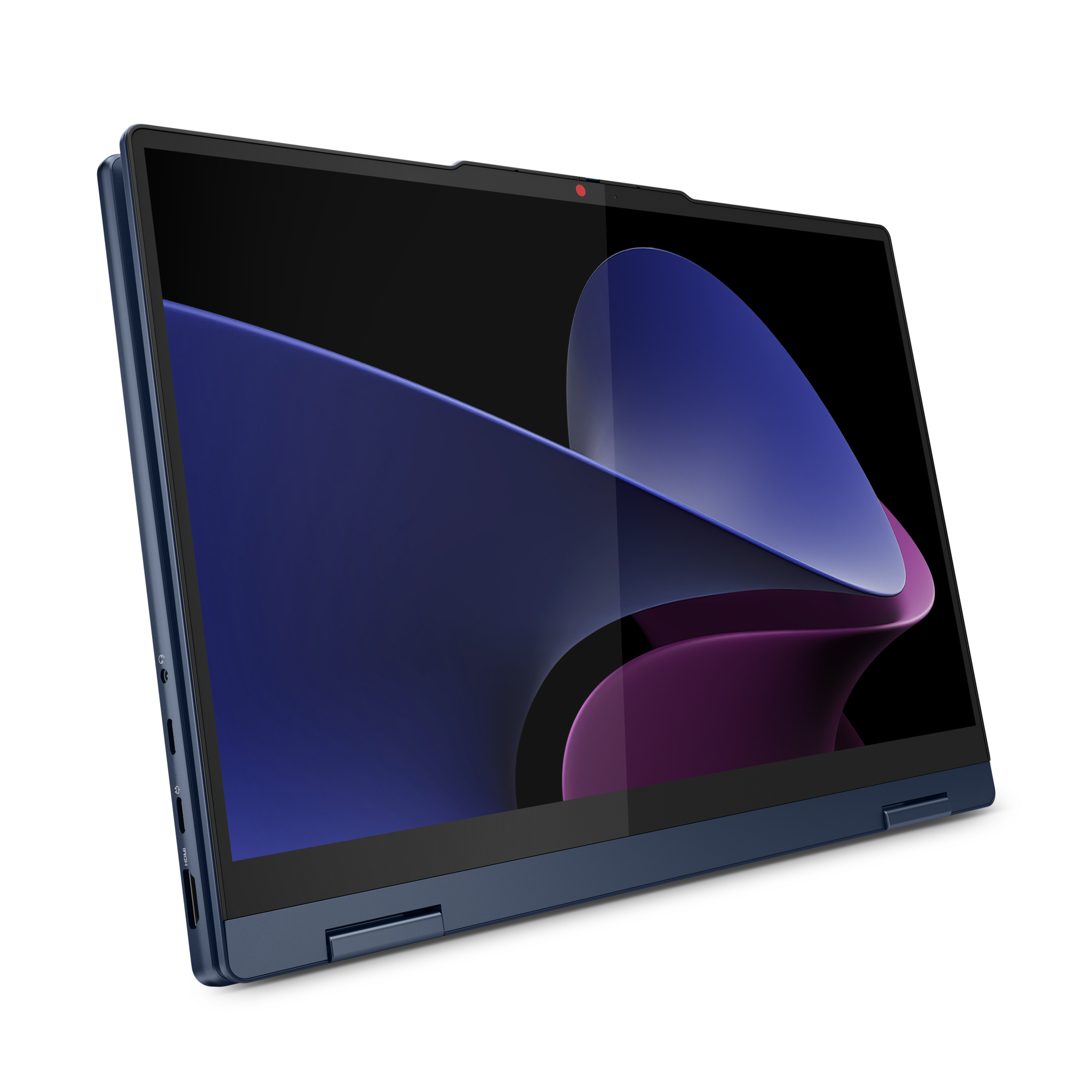 Ein blauer Laptop in geöffneter Position. Der Bildschirm zeigt ein abstraktes Design mit Farbverläufen in Blau und Lila auf schwarzem Grund.