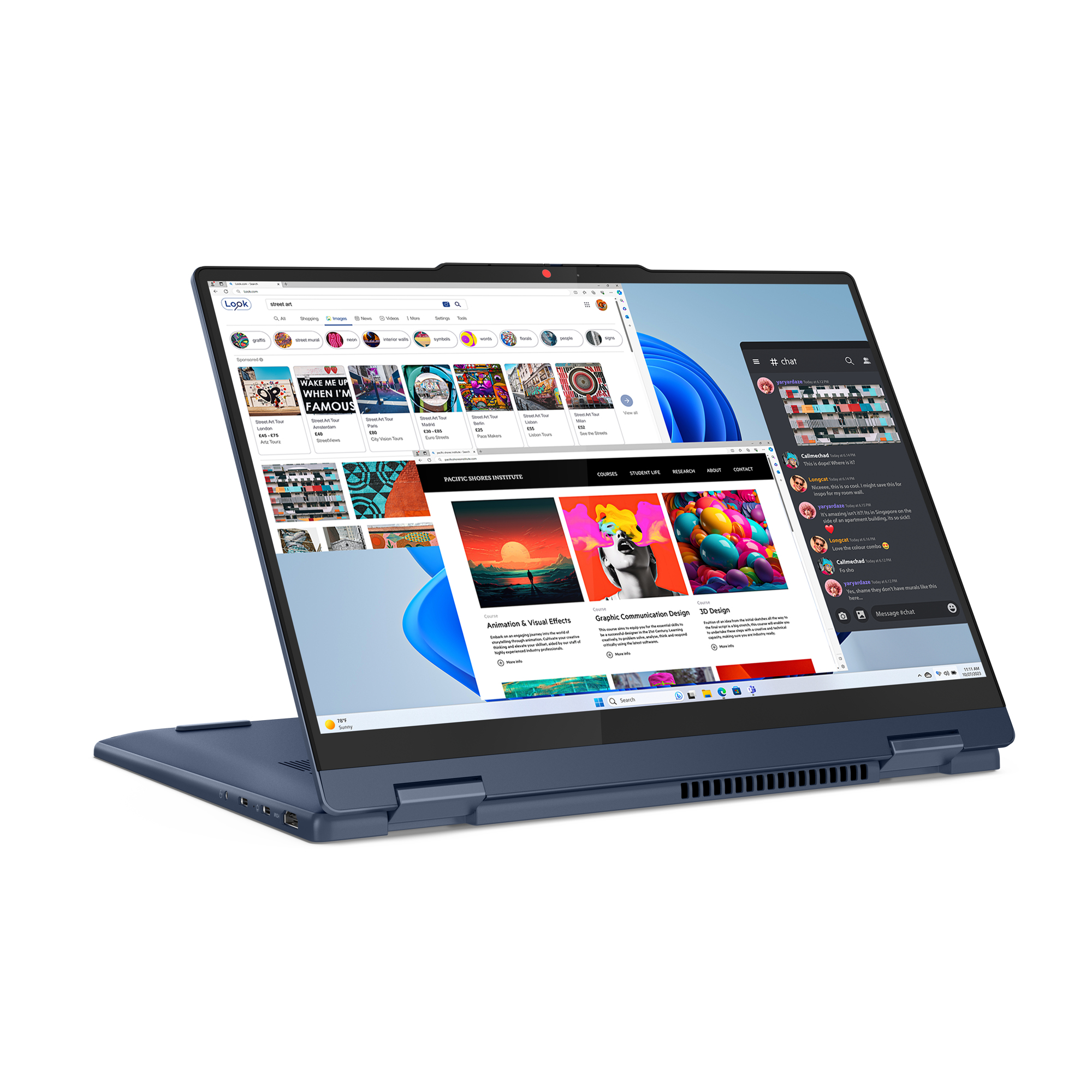 Ein blauer Laptop zeigt mehrere Fenster: eine Suche nach Straßenkunst, einen Chat und eine Website über Animation. Der Bildschirm zeigt einen sonnigen Tag.