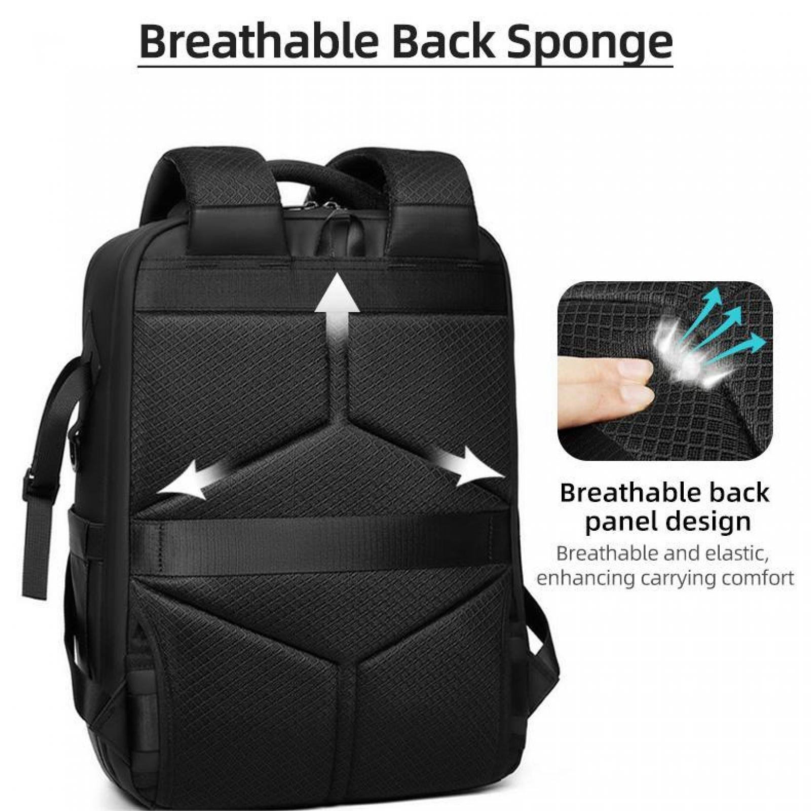 Schwarzer Rucksack mit atmungsaktivem Rückwanddesign. Weiße Pfeile zeigen den Luftstrom an. Text: Atmungsaktiver Rückenschwamm und Paneldesign.