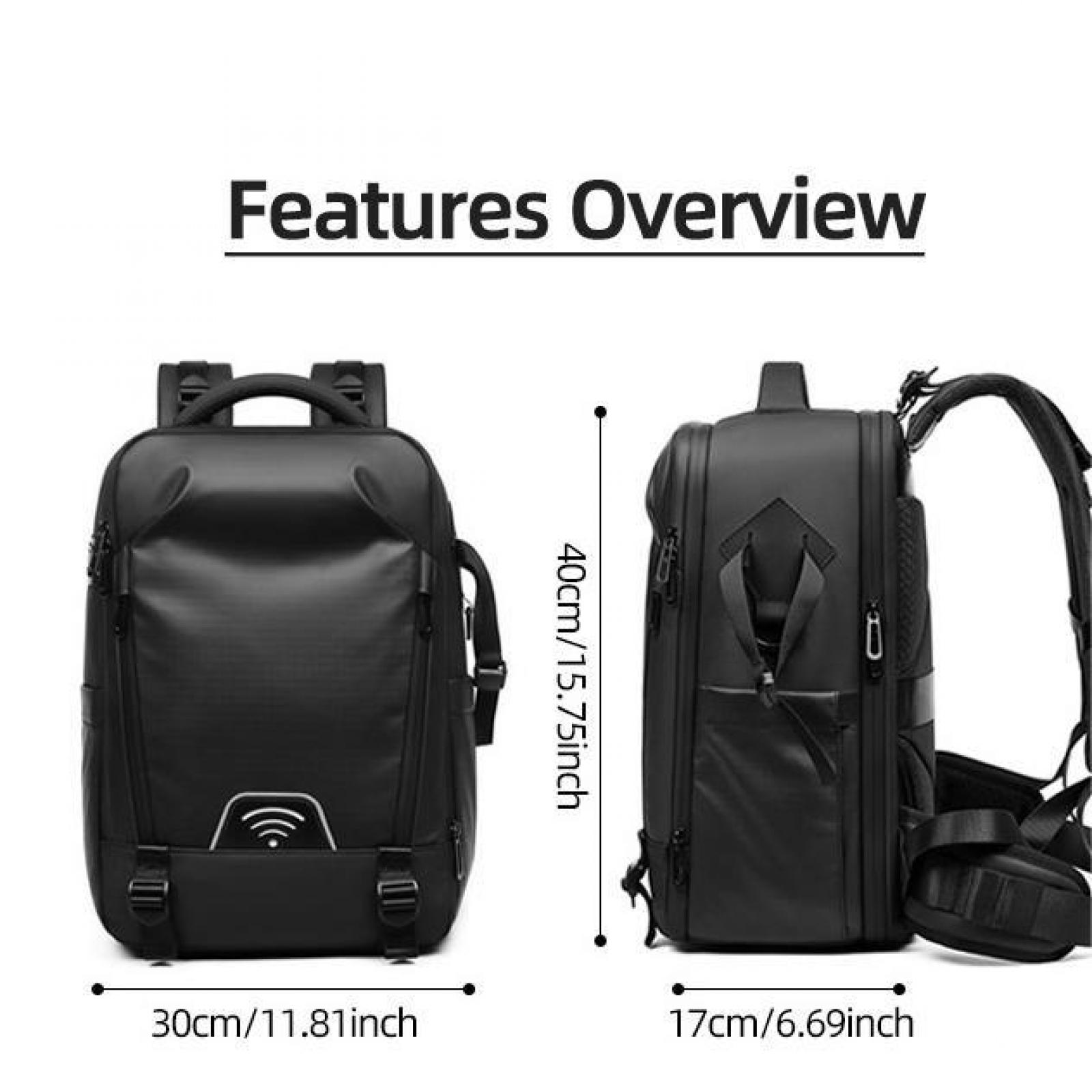 Schwarzer Rucksack mit Feature-Übersicht. Abmessungen: 30cm/11.81inch, 40cm/15.75inch und 17cm/6.69inch.