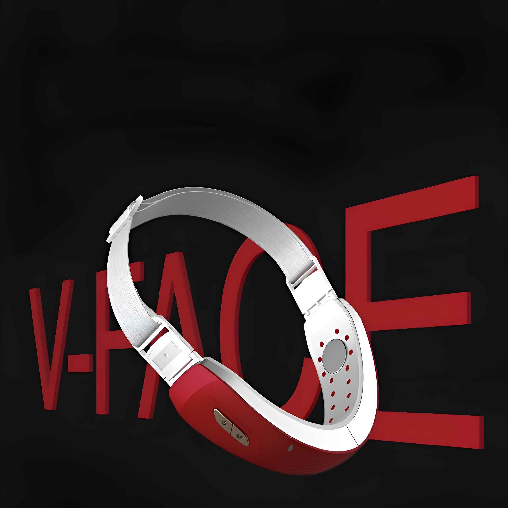 Ein rot-weißes V-Gesicht-Lifting-Gerät liegt auf einem schwarzen Hintergrund mit dem Wort 'V-FACE' in roten 3D-Buchstaben.