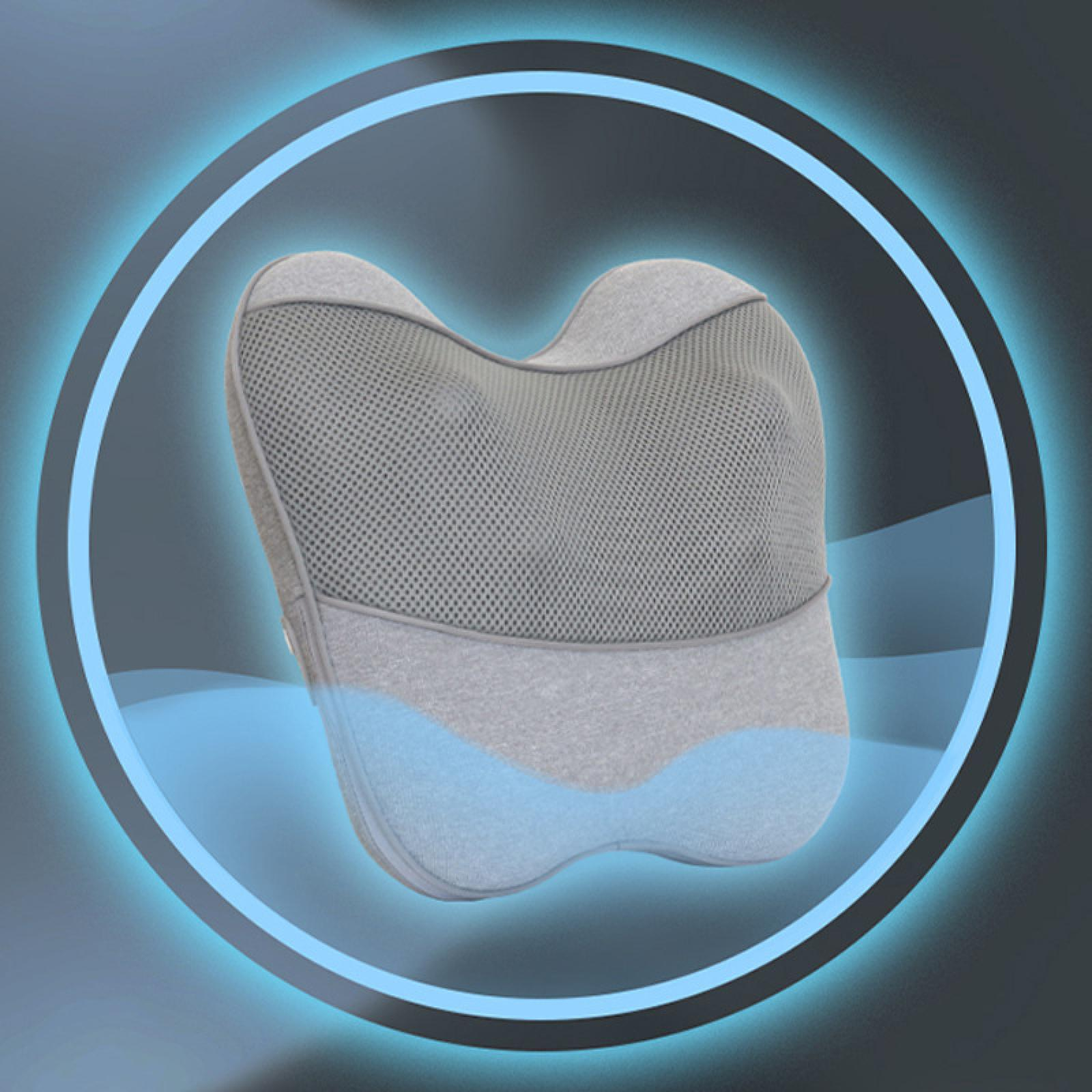 Ein graues Nackenkissen mit Mesh-Oberfläche befindet sich in einem leuchtenden blauen Kreis auf dunklem Hintergrund.