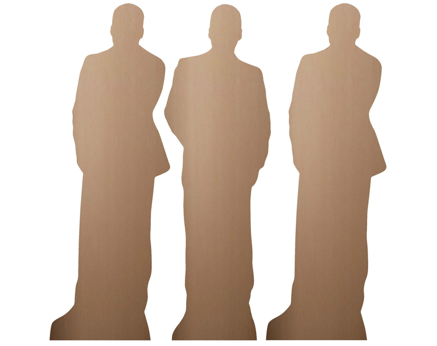 Drei braune Silhouetten von Männern in Anzügen stehen vor weißem Hintergrund. Jede Figur hat eine eigene Form.