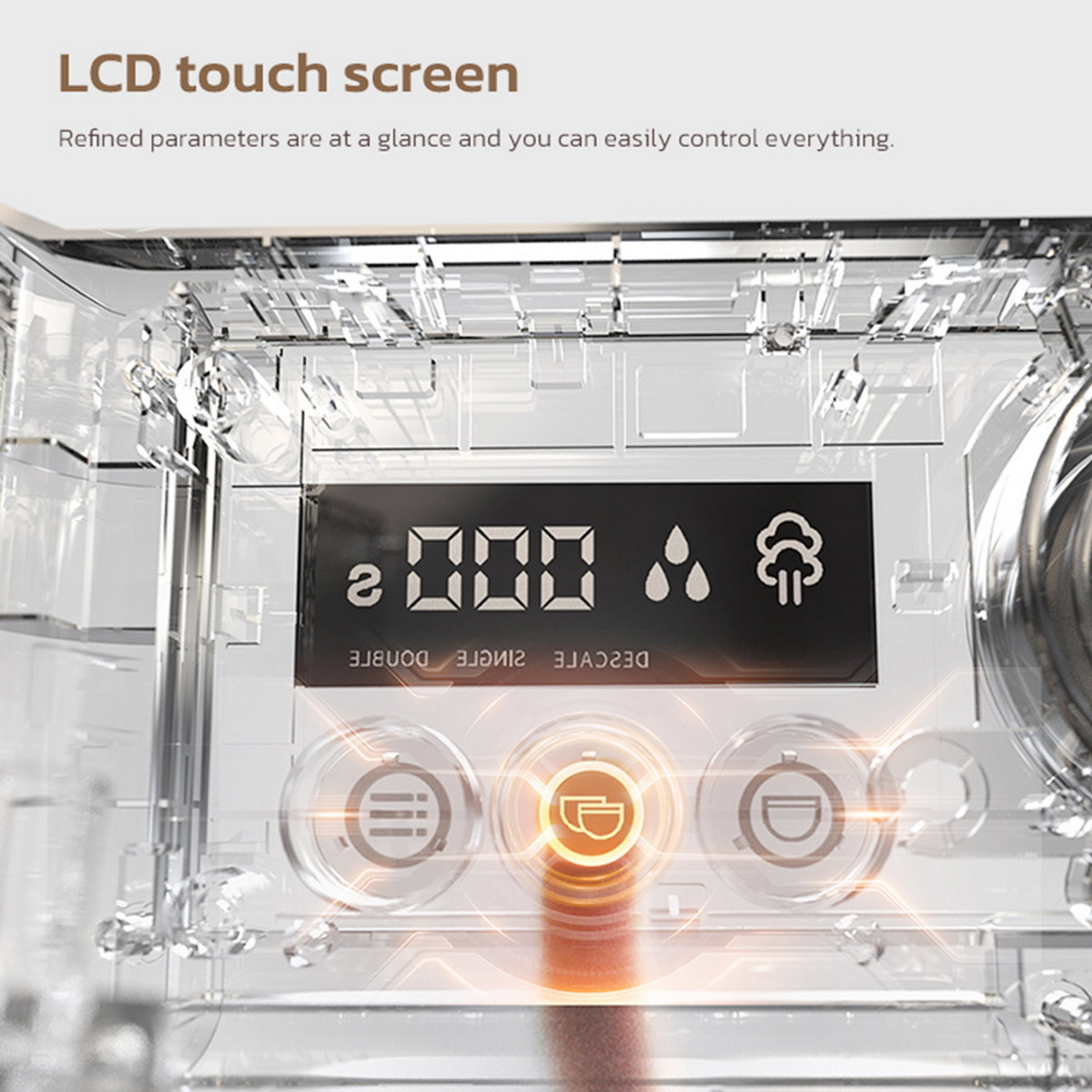 Zbliżenie panelu sterowania przezroczystej maszyny z ekranem LCD wyświetlającym liczby i symbole oraz trzema przyciskami.