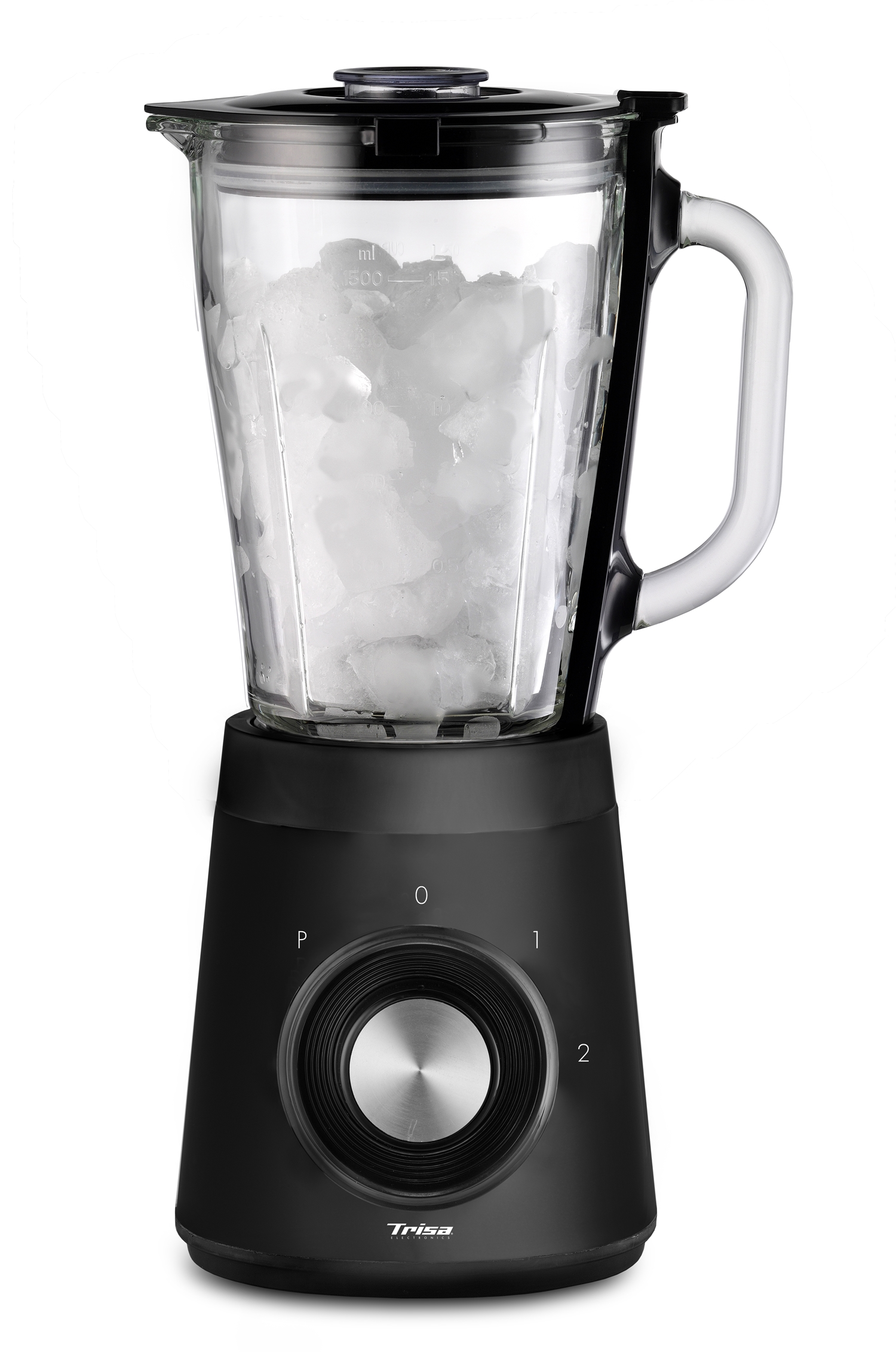 Ein schwarzer Mixer mit einem Glasbehälter voller Eis. Er hat einen schwarzen Deckel, einen Griff und einen Drehknopf mit Einstellungen.