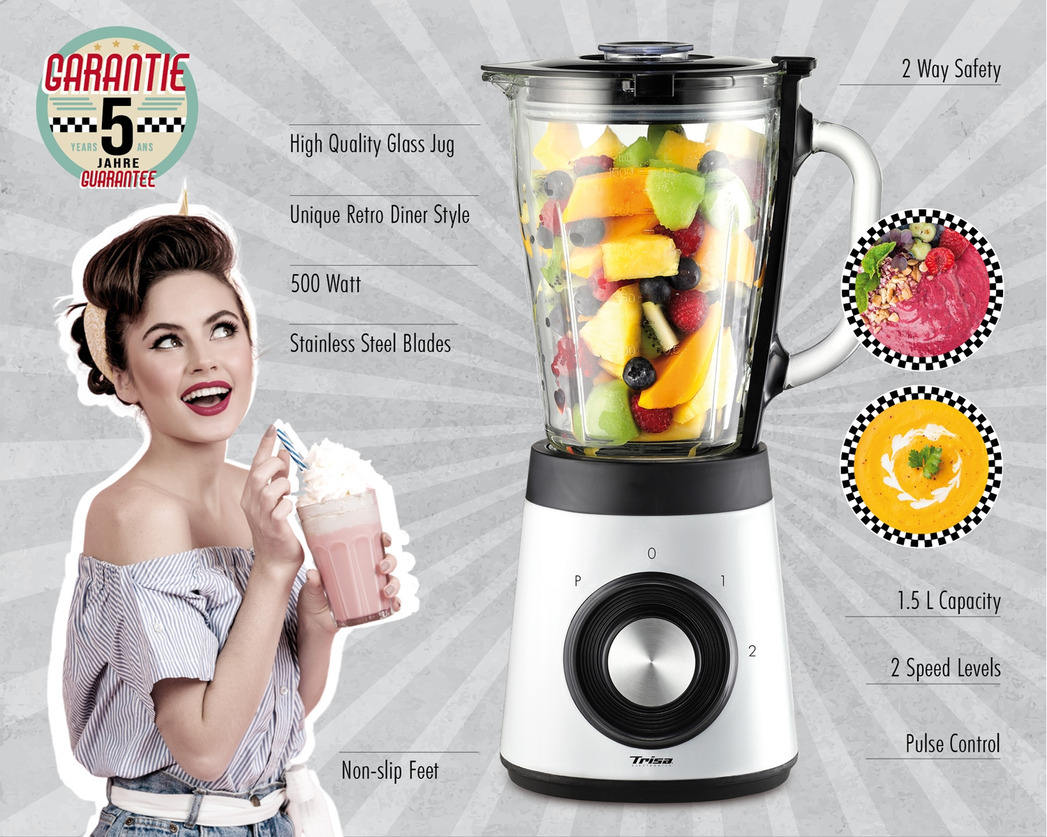 Eine Frau hält einen rosa Milchshake neben einem Mixer mit Früchten. Text beinhaltet 'Garantie', '500 Watt' und 'Trisa'.