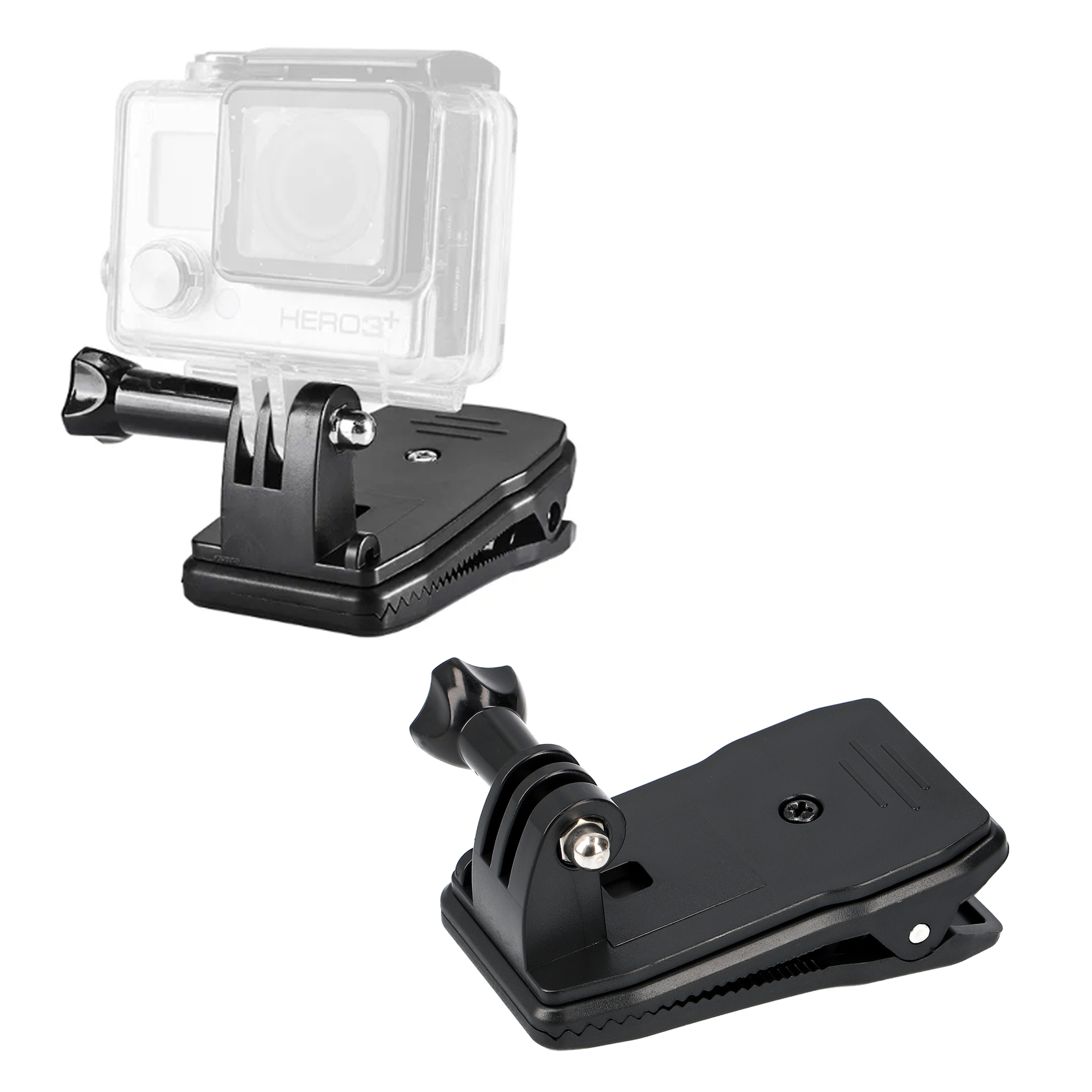 Zwei schwarze Kamerahalterungen. Eine hält eine GoPro-Kamera. Die Clips dienen zur Befestigung an Oberflächen. Weißer Hintergrund.