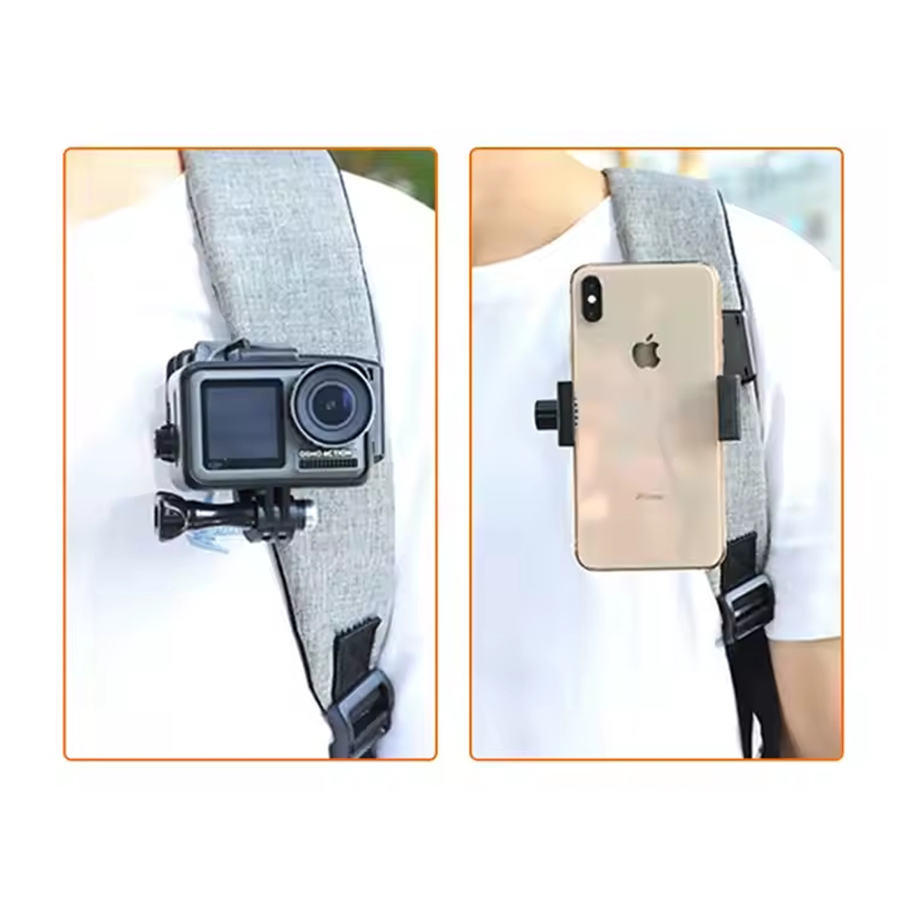 Zwei Bilder, die eine Kamera und ein Telefon zeigen, die an einem Rucksackgurt befestigt sind. Die Kamera ist schwarz, das Telefon ist gold.