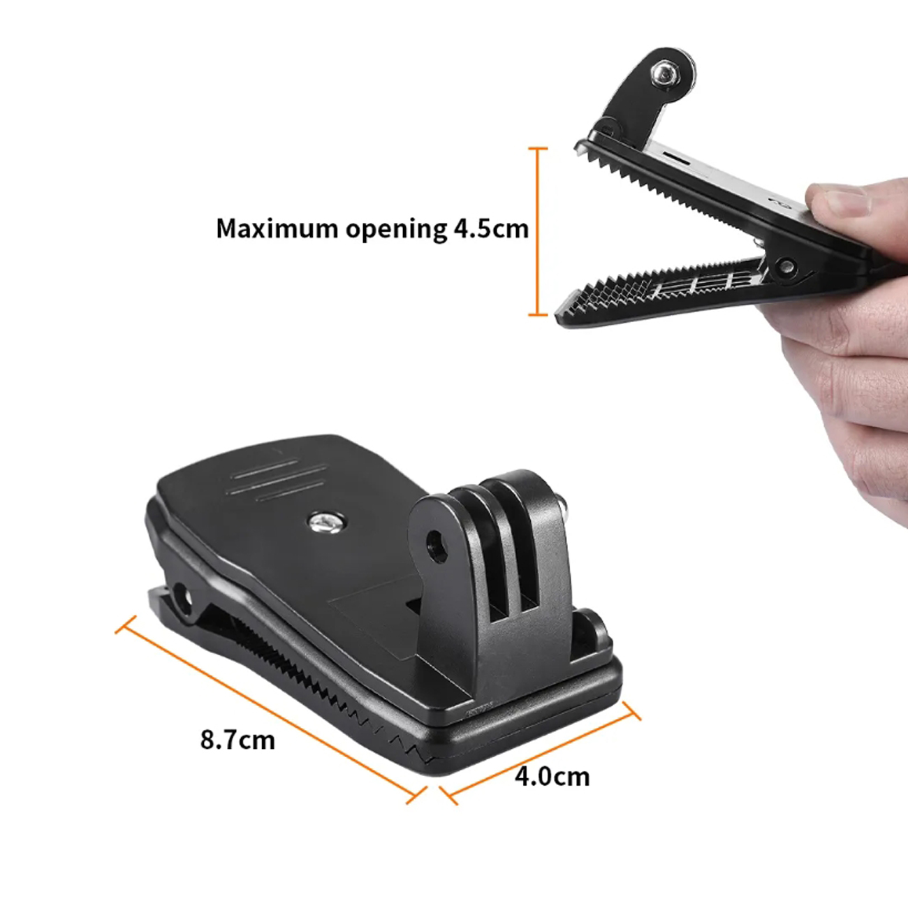 Schwarzer Kameraclip. Oberer Teil wird von Hand gehalten. Abmessungen sind angegeben: 8,7 cm x 4,0 cm. Maximale Öffnung 4,5 cm.