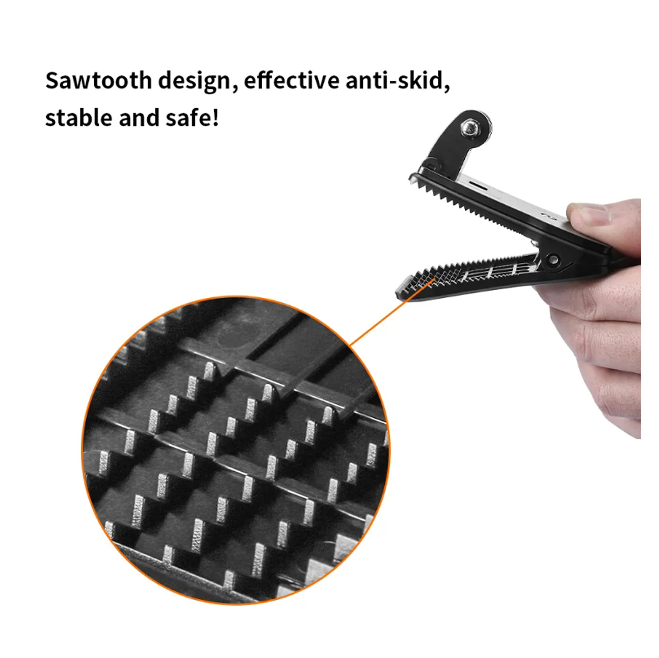 Schwarzer Clip mit Sägezahn-Design wird von Hand gehalten. Ein kreisförmiger Einsatz zeigt eine vergrößerte Ansicht der rutschfesten Zähne.