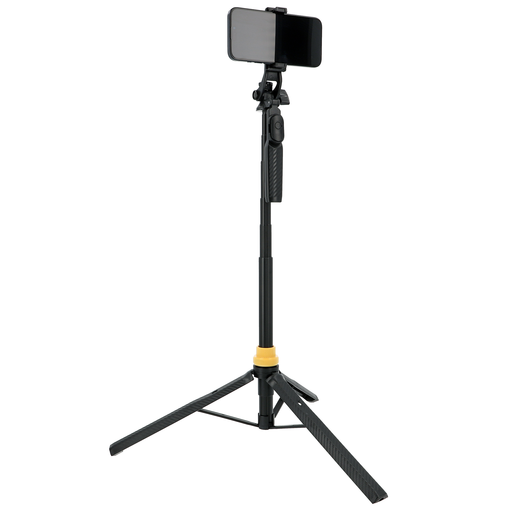 Ein schwarzes Smartphone ist auf einem schwarzen Stativ montiert. Das Stativ hat drei Beine und einen gelben Einstellknopf.