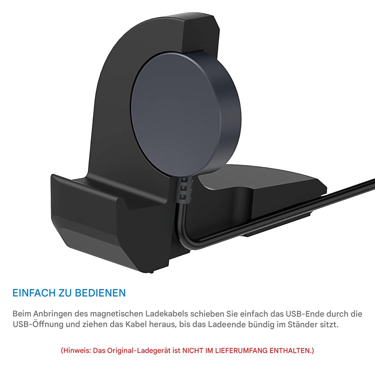 Schwarzer Apple Watch-Ladeständer. Er hat ein kreisförmiges Ladepad. Ein Kabel geht vom Ständer ab und Text erklärt die Verwendung.