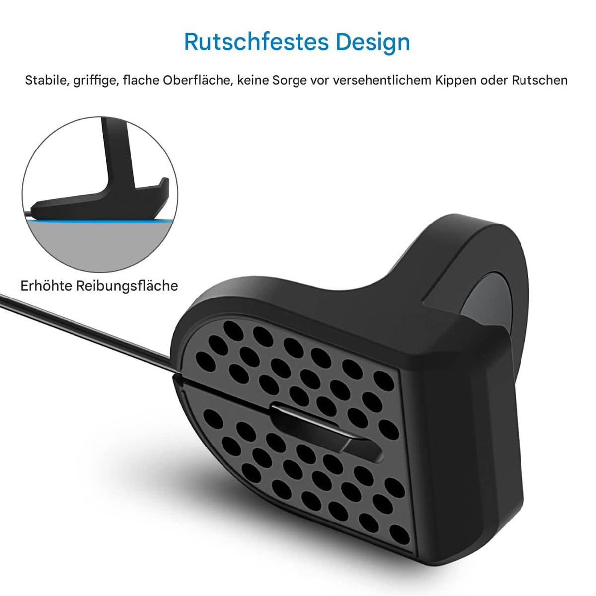 Gezeigt wird ein schwarzes, strukturiertes Gerät. Es hat eine gebogene Form mit einer Reihe von Löchern. Ein kleineres Teil ist angebracht, und ein dünner Metallstab ragt heraus.