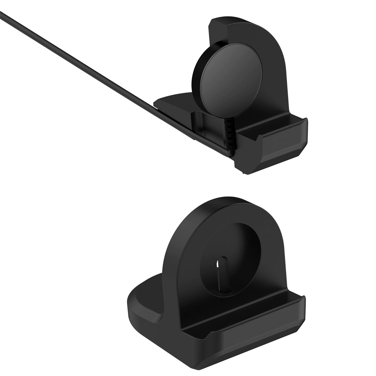 Zwei schwarze Smartwatch-Ladestationen. Eine hat eine Uhr, die andere ist leer. Beide haben ein ähnliches Design und ein Kabel.