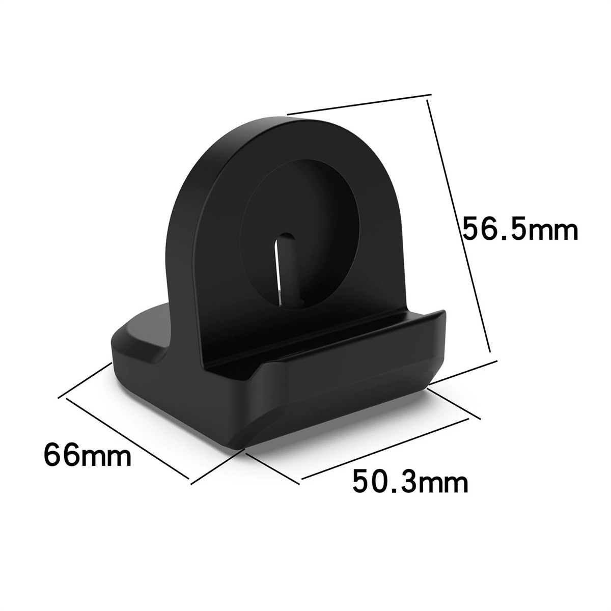 Schwarze Ladestation für eine Smartwatch. Maße: 66 mm x 50,3 mm x 56,5 mm. Sie hat einen kreisförmigen Halter mit einem Schlitz für das Ladegerät.