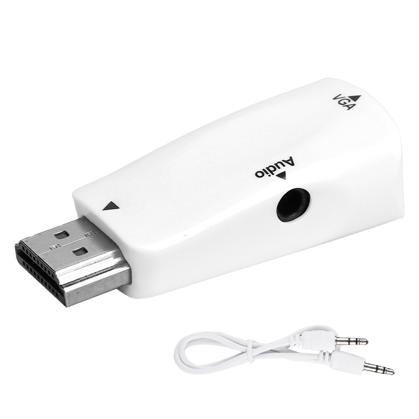 Ein weißer HDMI-zu-VGA-Adapter mit Audioanschluss und zwei 3,5-mm-Audiobuchsen. Der Adapter hat die Aufschriften 'Audio' und 'VGA'.