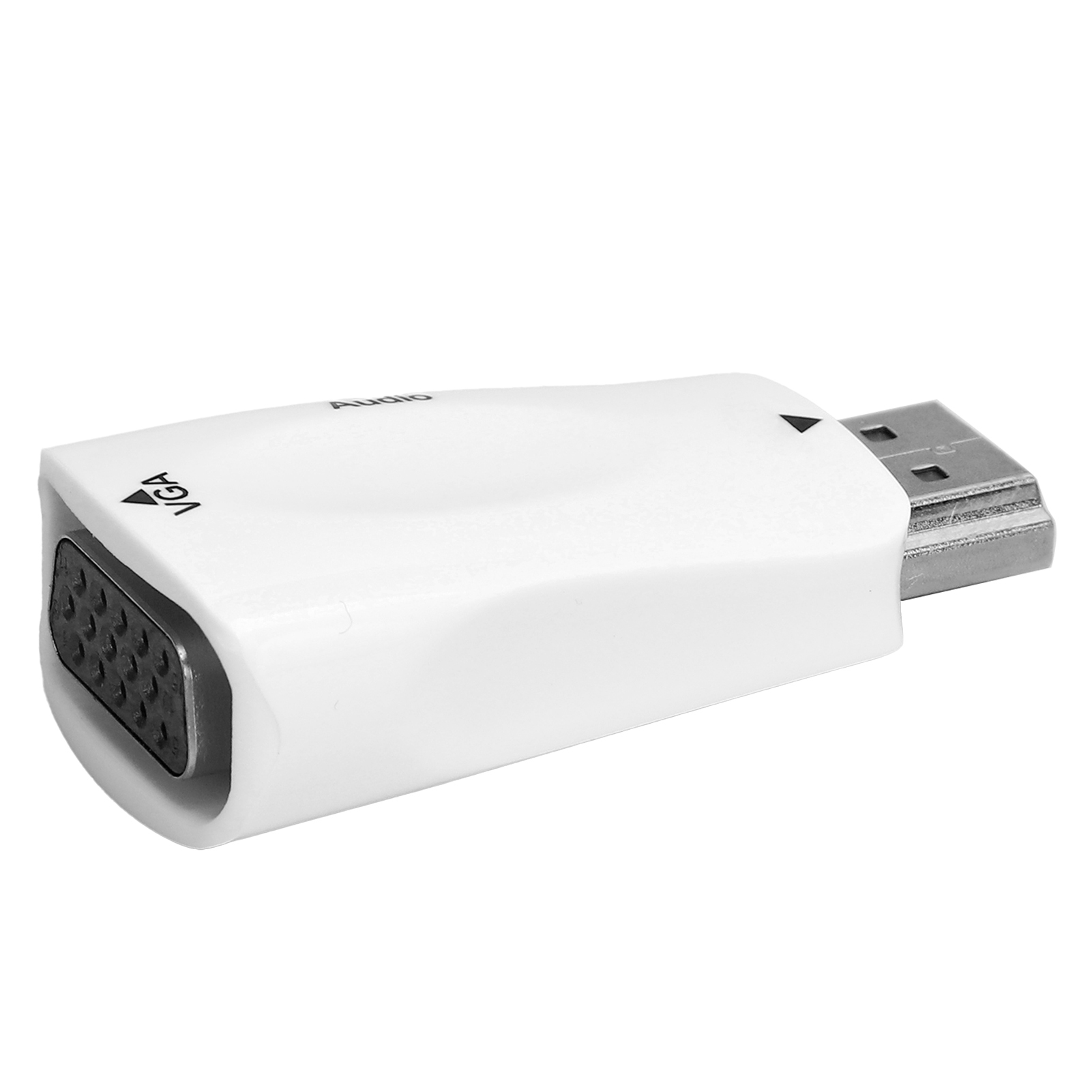 Ein weißer VGA-zu-USB-Adapter. Er hat einen VGA-Anschluss an einem Ende und einen USB-Anschluss am anderen.