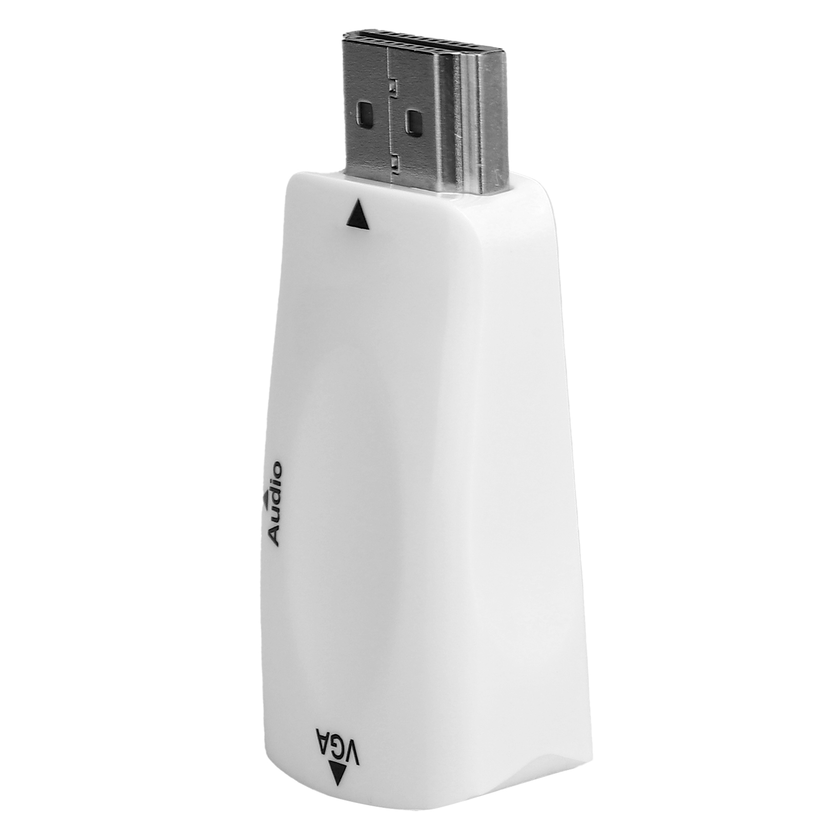 Ein weißer VGA-auf-USB-Adapter. Er hat einen USB-Metallanschluss oben und die Aufschriften "Audio" und "VGA".