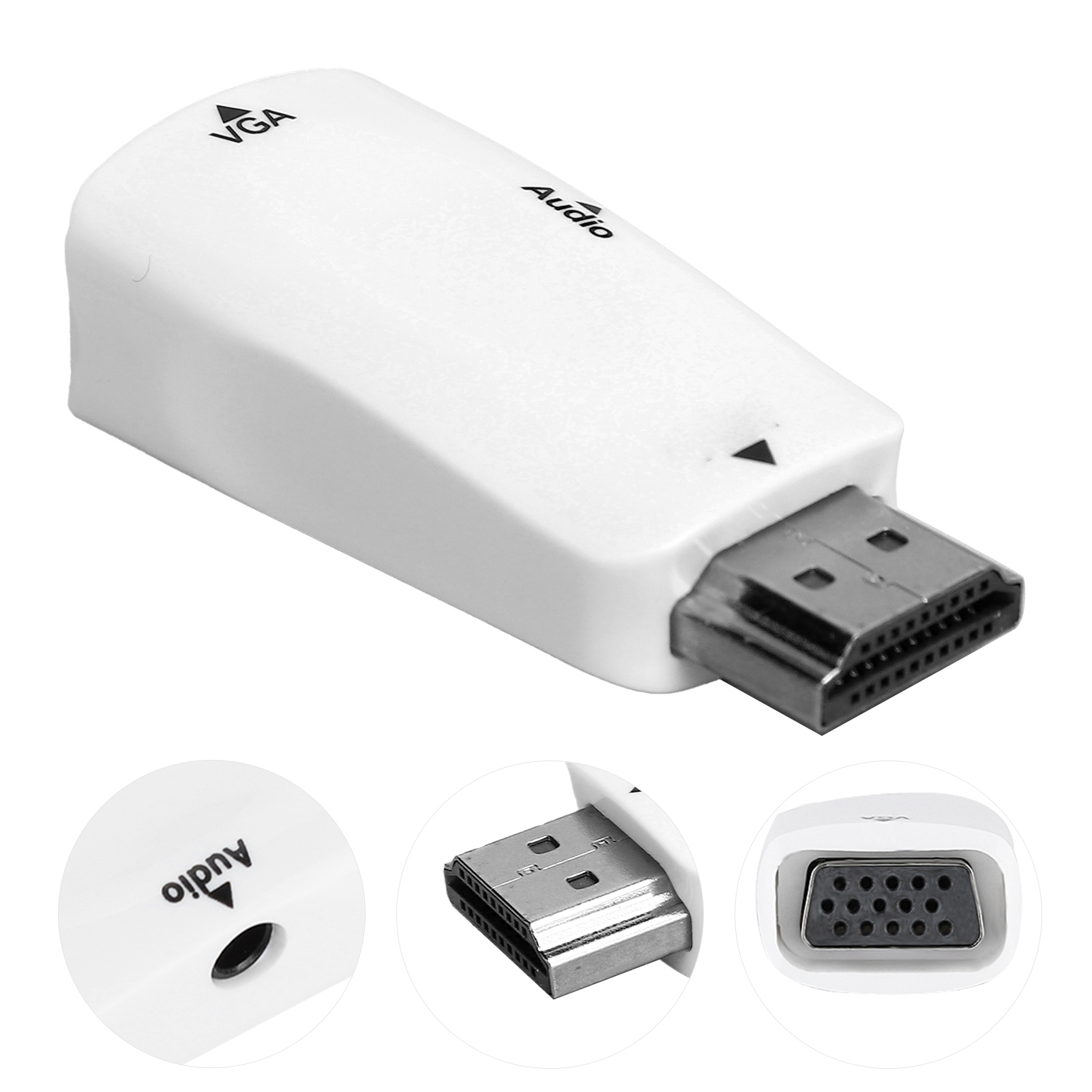 Ein weißer VGA-zu-HDMI-Adapter. Er hat VGA- und Audio-Bezeichnungen. Der Adapter hat einen HDMI-Anschluss.