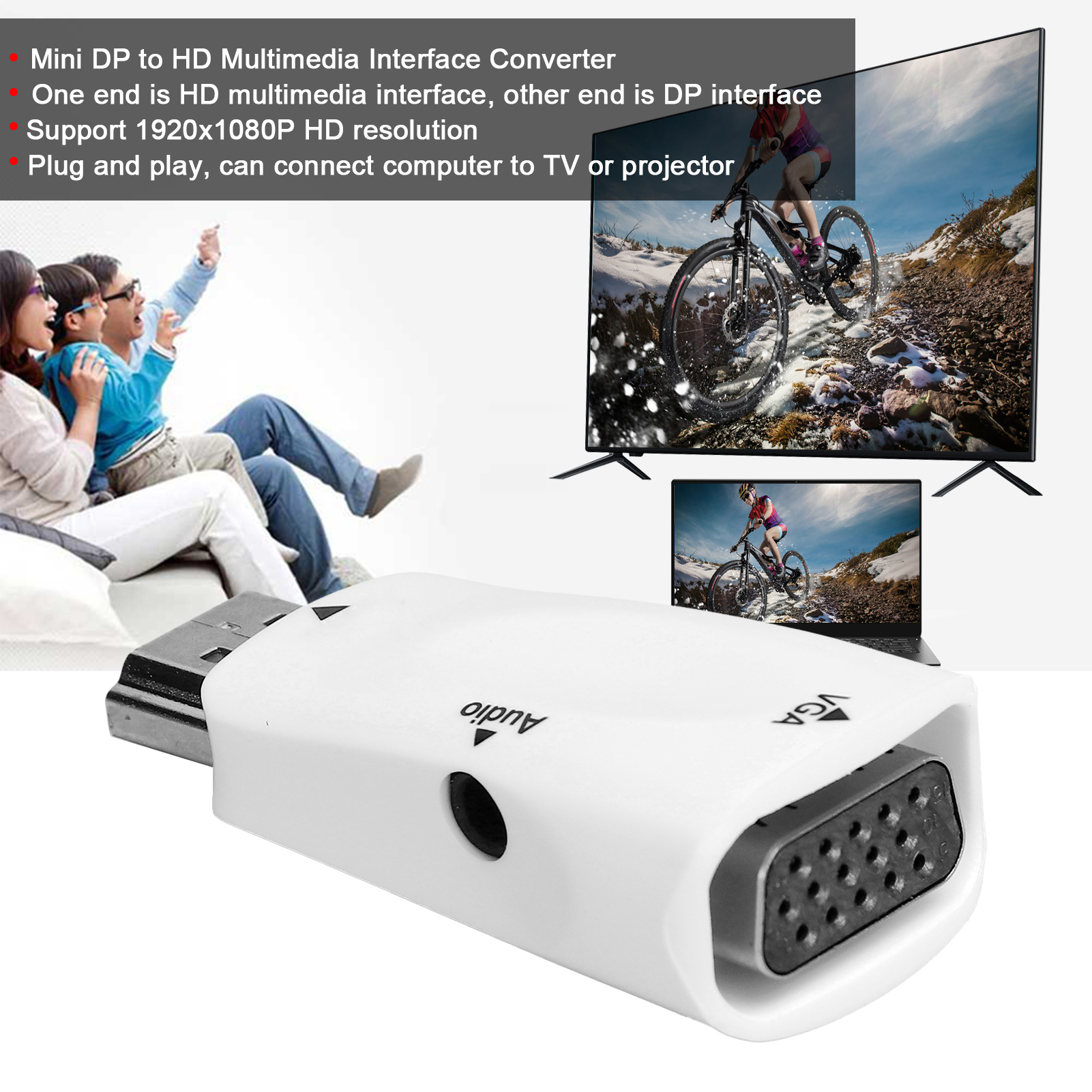 Ein weißer Mini-DP-zu-HD-Konverter mit USB-Ende, VGA-Anschluss und Audioanschluss. Im Hintergrund eine Familie. Displays zeigen einen Radfahrer.
