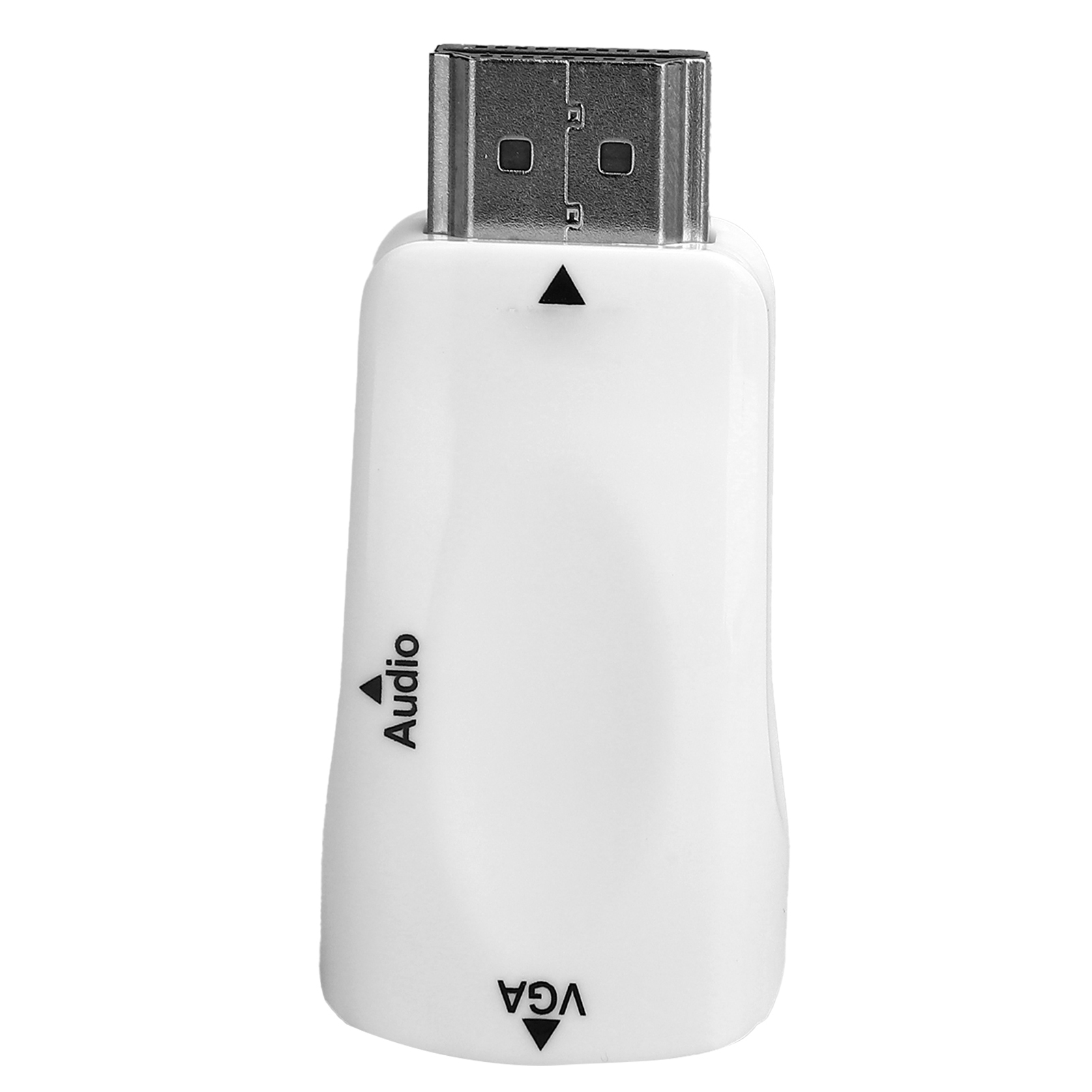 Ein weißer HDMI-zu-VGA-Adapter mit silbernem Anschluss. Er hat die Aufschriften 'Audio' und 'VGA' mit Pfeilen.