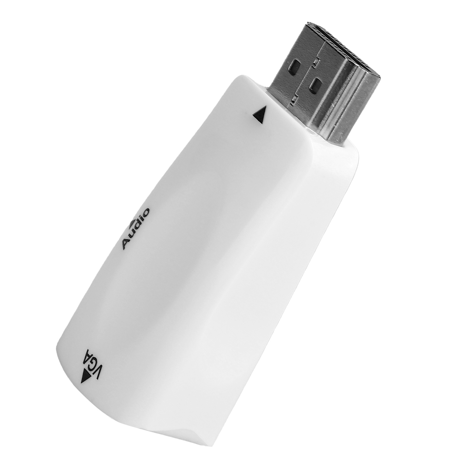 Ein weißer VGA-zu-HDMI-Adapter. Er hat einen HDMI-Metallanschluss und schwarzen Text: Audio und VGA. Der Hintergrund ist weiß.