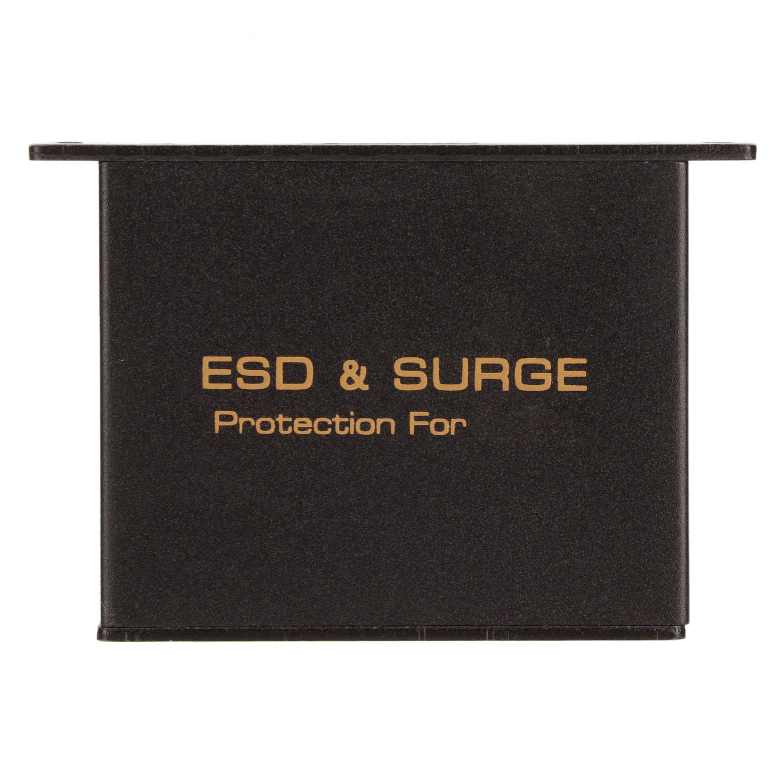Eine schwarze Box mit goldenem Text, der 'ESD & SURGE Protection For' lautet.