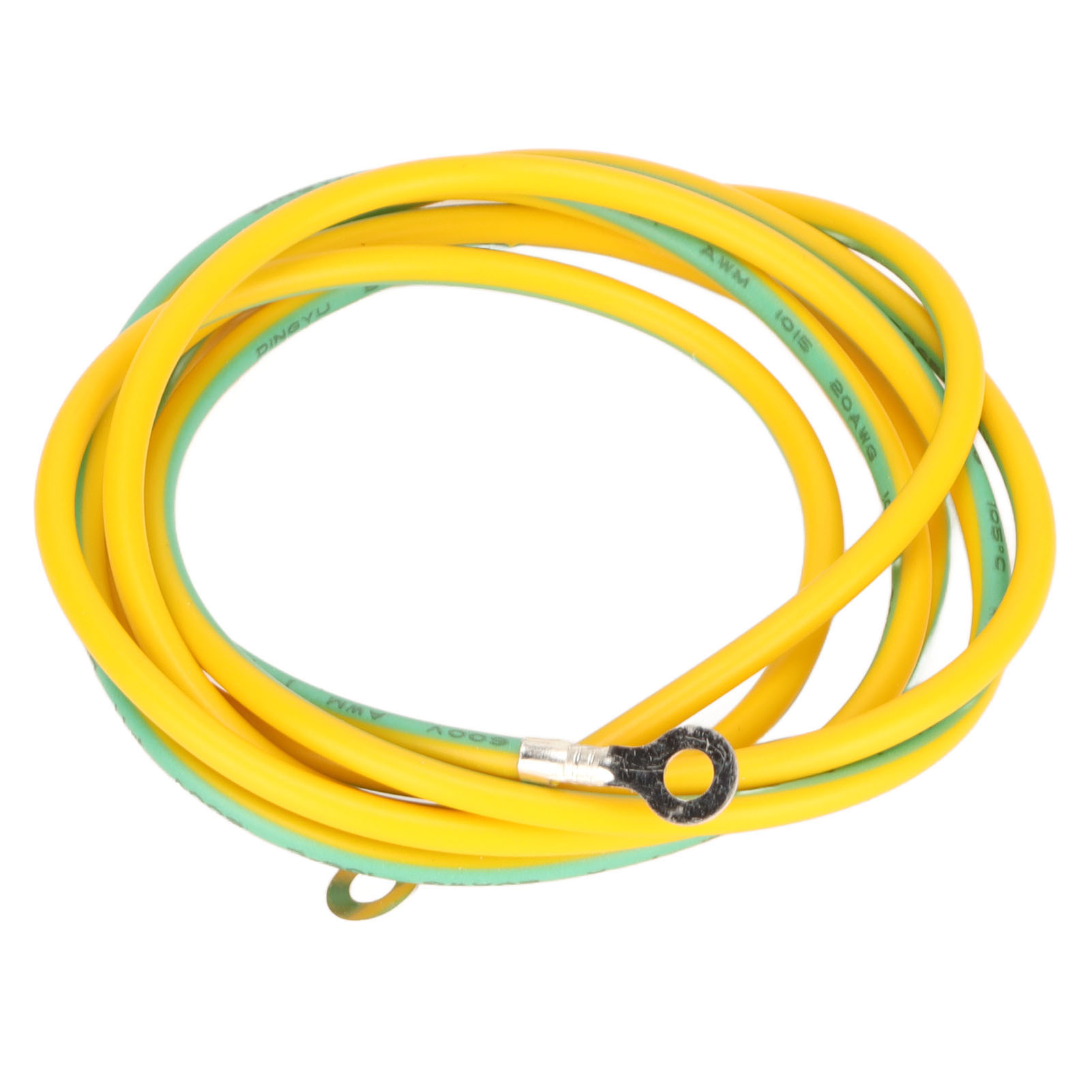 Ein gelbes und grünes Kabel mit Ringanschluss. Das Kabel ist auf weißem Hintergrund aufgerollt. Etiketten auf dem Kabel sind sichtbar.