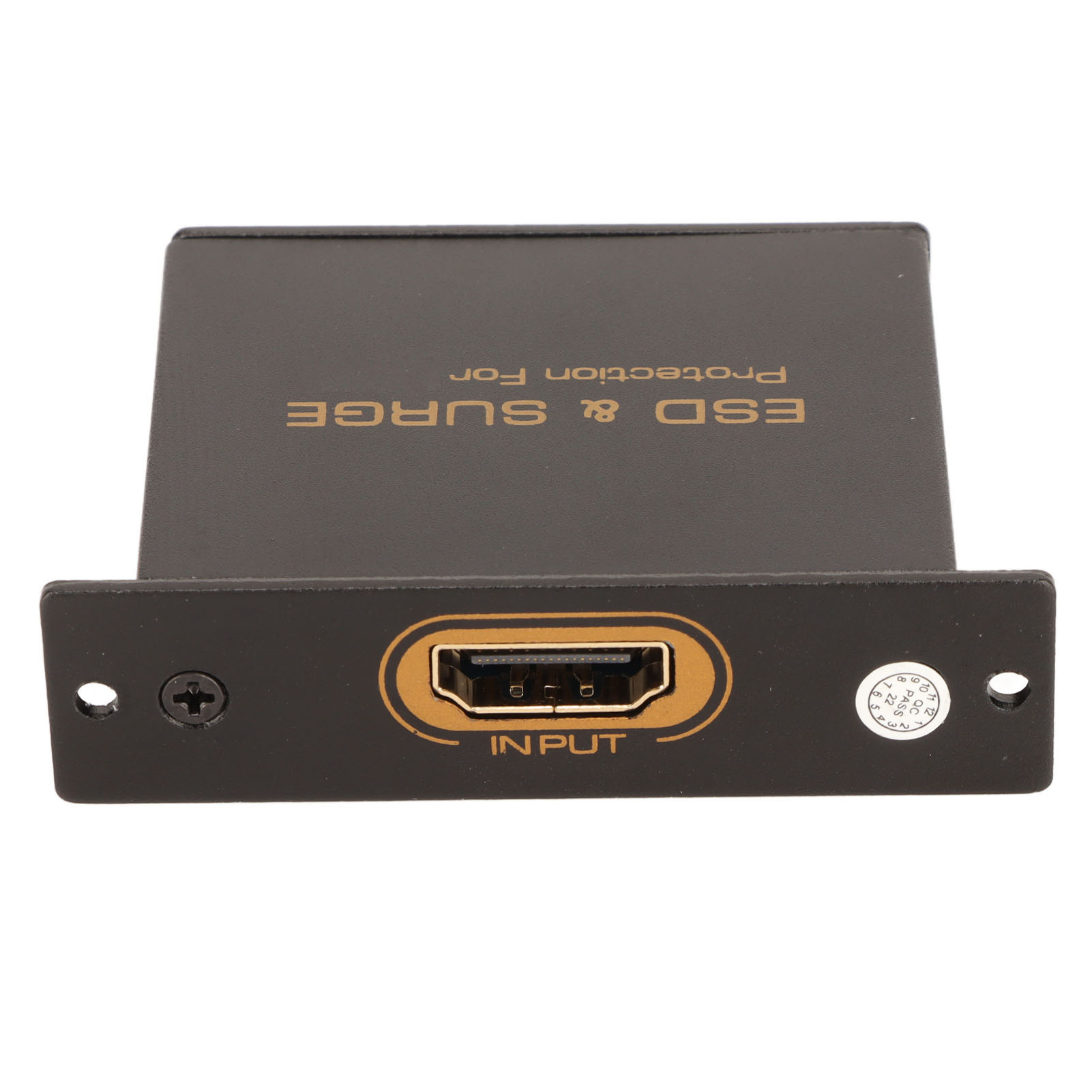 Schwarzer HDMI-Überspannungsschutz mit goldenem Text und Anschluss. Text lautet: 'ESD & SURGE Protection For' und 'INPUT'.