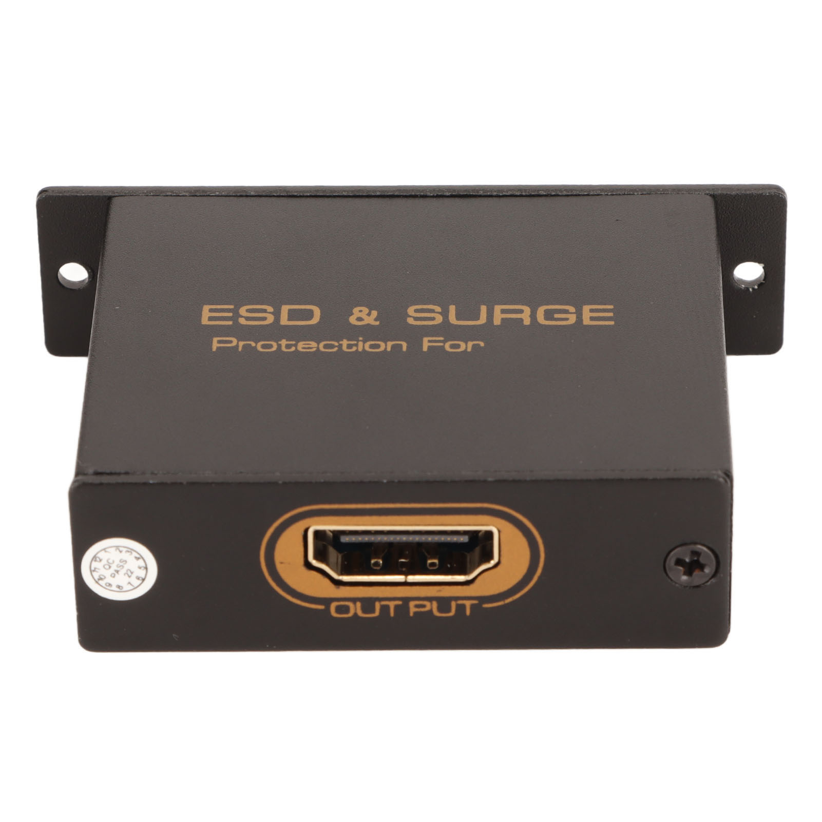 Schwarzes Gerät mit goldenem Text 'ESD & SURGE Protection For' und einem HDMI-Anschluss mit der Aufschrift 'OUTPUT'.