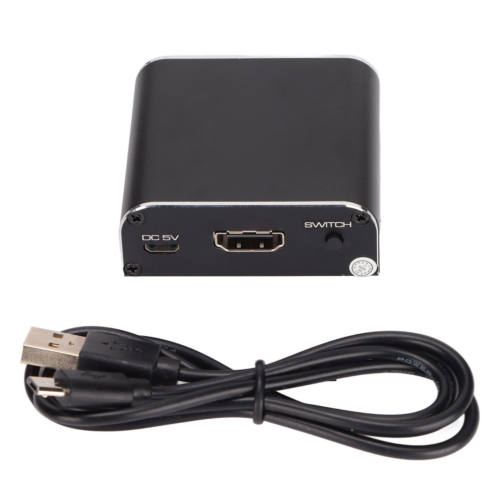 Schwarzer HDMI-Konverter mit Anschlüssen und USB-Kabel. Auf der Box stehen 'DC 5V' und 'SWITCH'. Weißer Hintergrund.