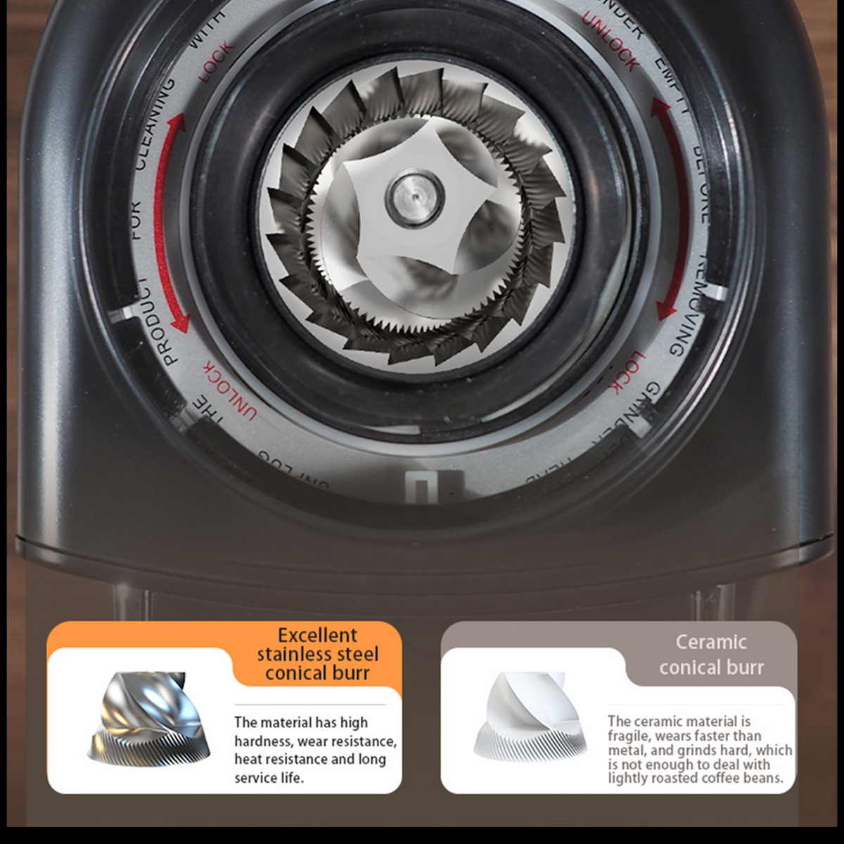 Zbliżenie mechanizmu młynka do kawy. Widoczne są zadziory ze stali nierdzewnej. Okna tekstowe szczegółowo opisują rodzaje zadziorów i ich właściwości.