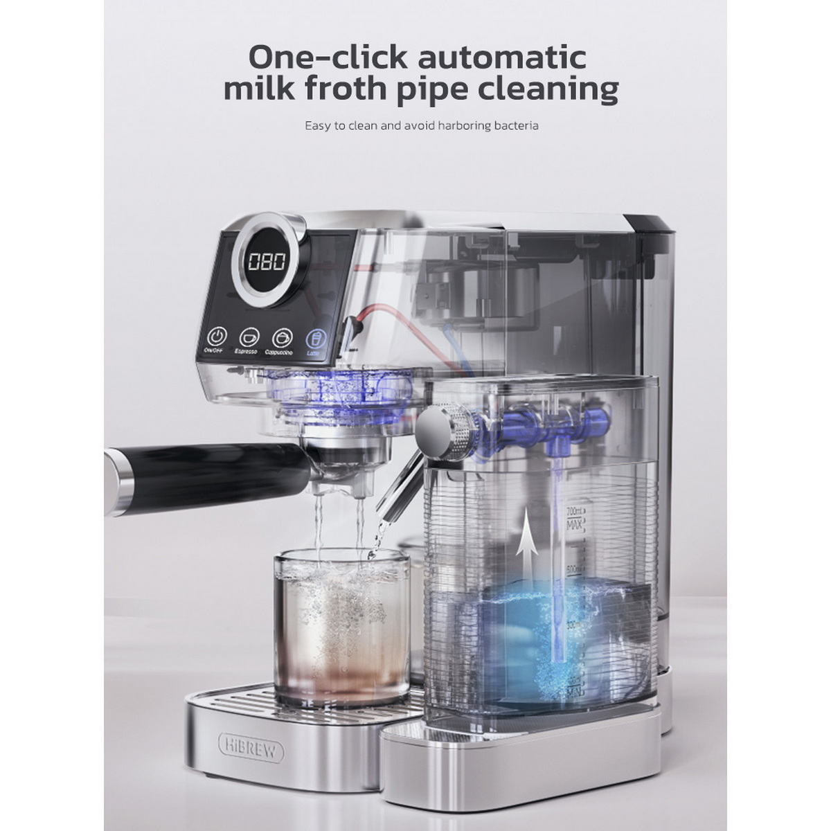 Ekspres do kawy z wodą wlewającą się do szklanki. Wyświetlacz pokazuje 080. Tekst: Automatyczne czyszczenie rurki do spieniania mleka.