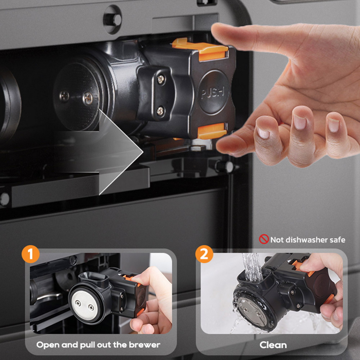 Ręka naciska przycisk na czarnym urządzeniu z pomarańczowymi akcentami. Urządzenie jest częścią ekspresu do kawy. Dwa kroki pokazują czyszczenie.
