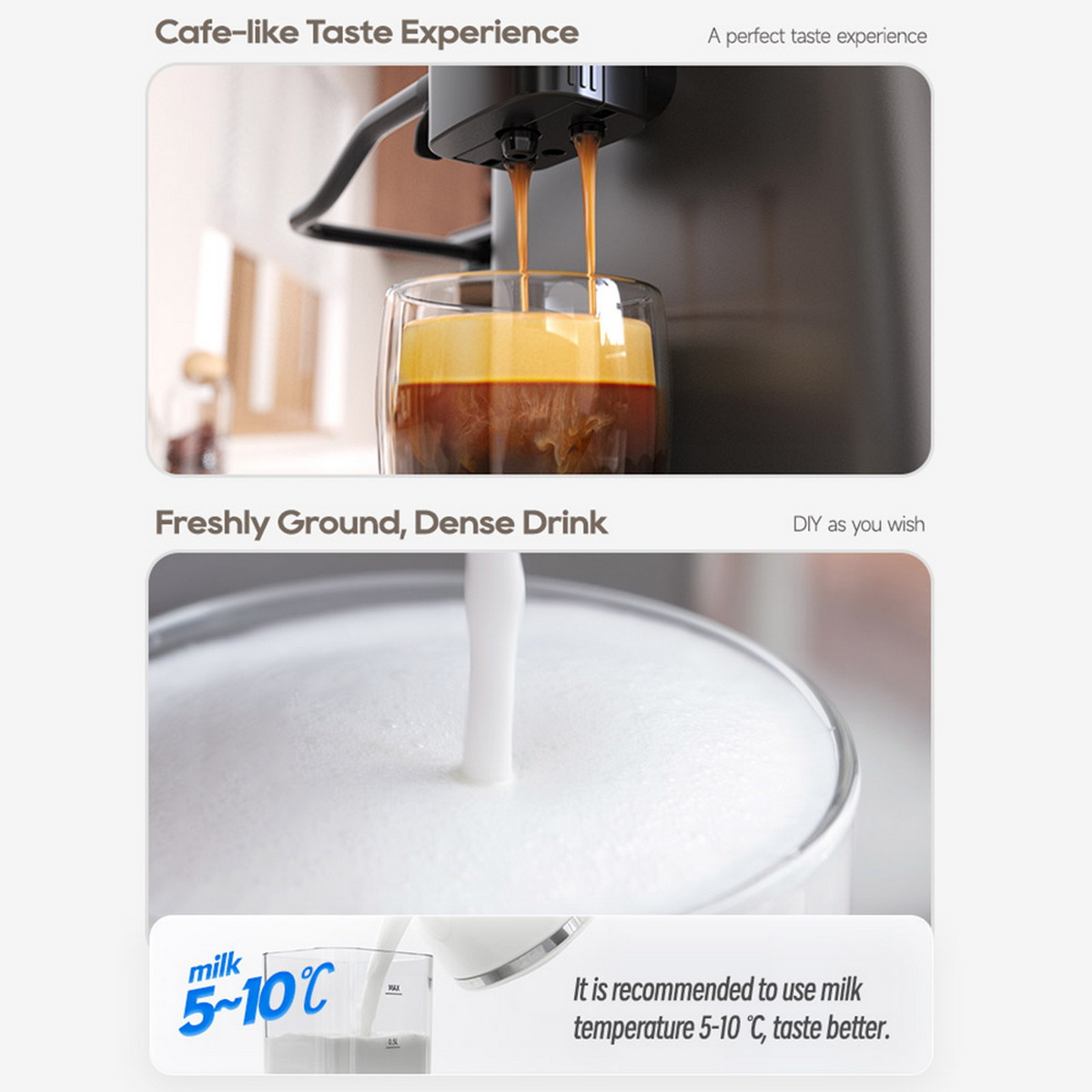 Kawa wlewana do szklanki. Poniżej spieniane mleko. Tekst zaleca temperaturę mleka 5-10°C dla smaku.