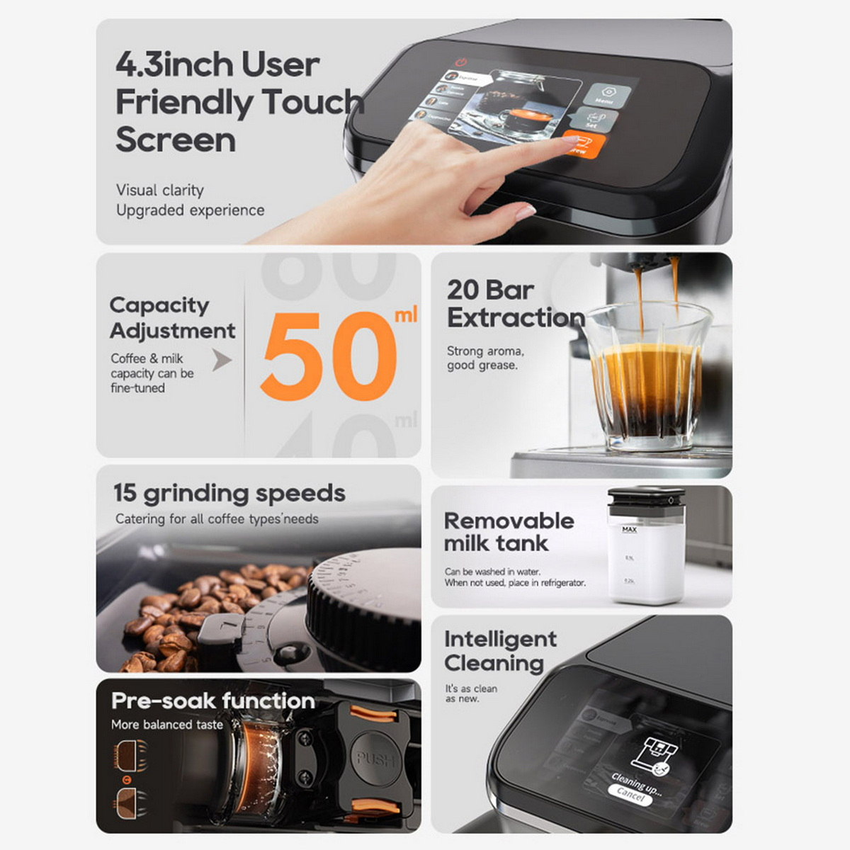 Szczegóły ekspresu do kawy: Ekran dotykowy, regulacja pojemności, ekstrakcja 20 bar, 15 prędkości, wyjmowany zbiornik na mleko, pre-infuzja, inteligentne czyszczenie.