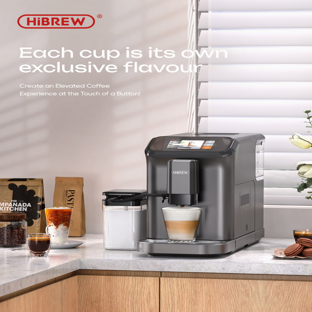 Ekspres do kawy z filiżanką latte po prawej stronie. Po lewej stronie znajdują się inne napoje kawowe i ciastka.