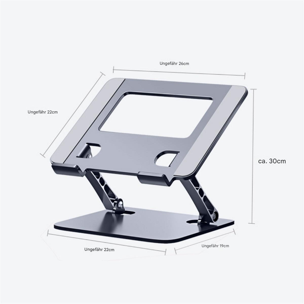 Ein silberner Laptop-Ständer. Er ist verstellbar und hat beschriftete Abmessungen mit einer geschätzten Höhe von 30 cm und einer Breite von 26 cm.