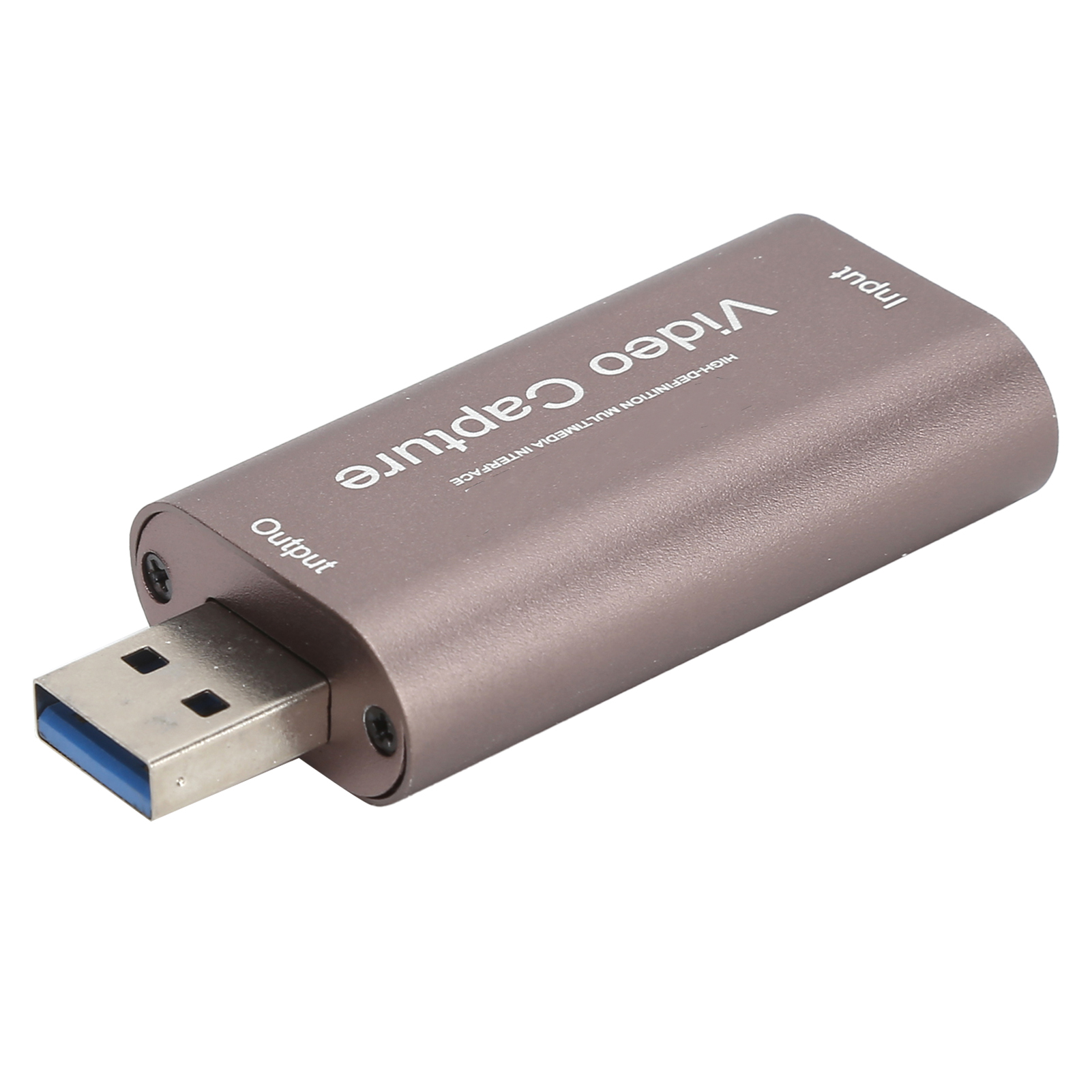 Ein silbernes Videoaufnahmegerät mit USB-Anschluss. Es hat weißen Text: 'Video Capture' und 'Output' und 'Input'.