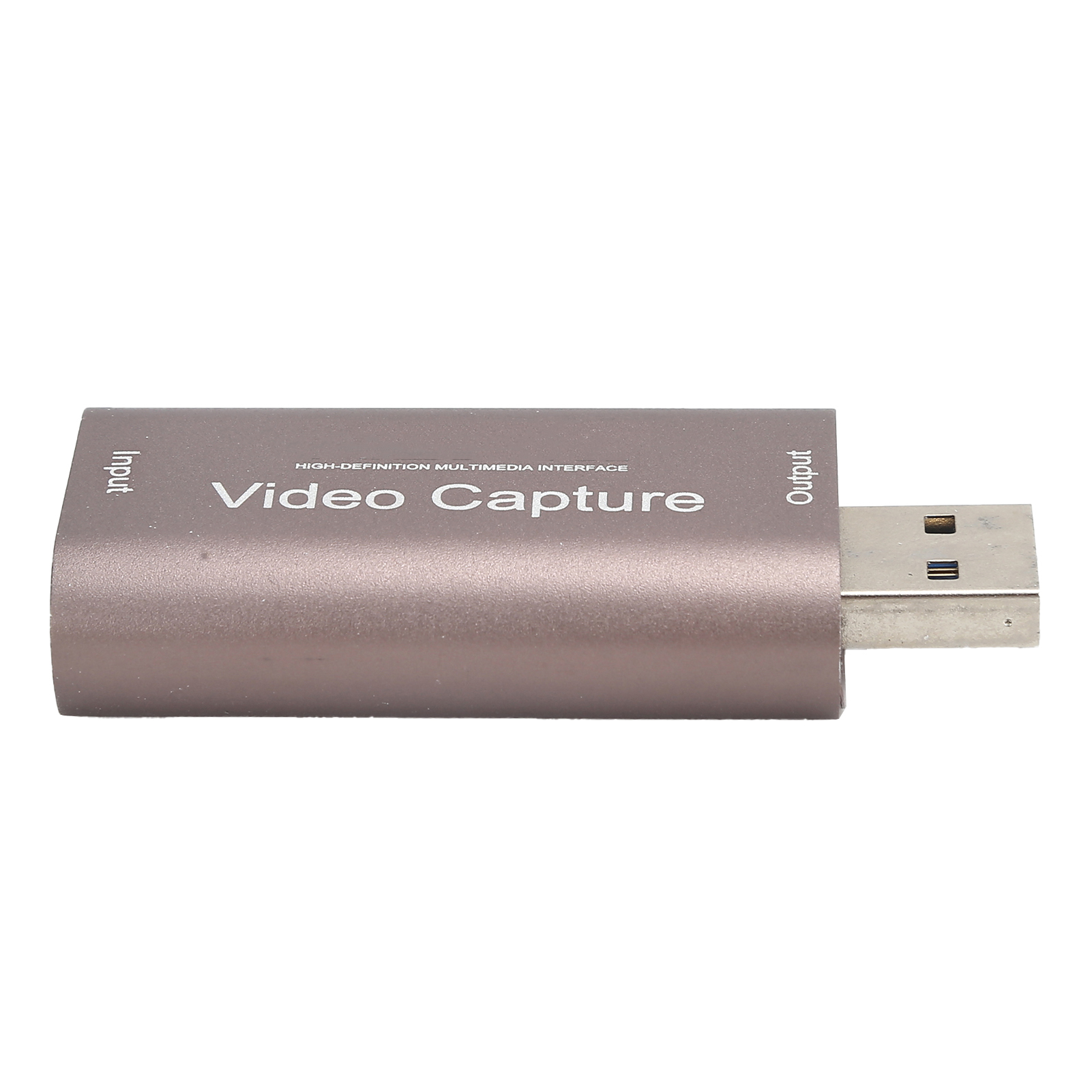 Ein silbernes Videoaufnahmegerät mit den Bezeichnungen 'Input' und 'Output' sowie einem USB-Anschluss.