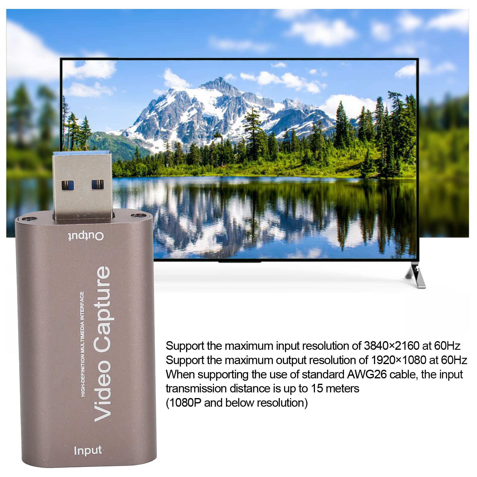 Ein Videoaufnahmegerät mit USB-Anschluss. Ein Fernseher zeigt eine Berg- und Seeszene. Text beschreibt Videospezifikationen.