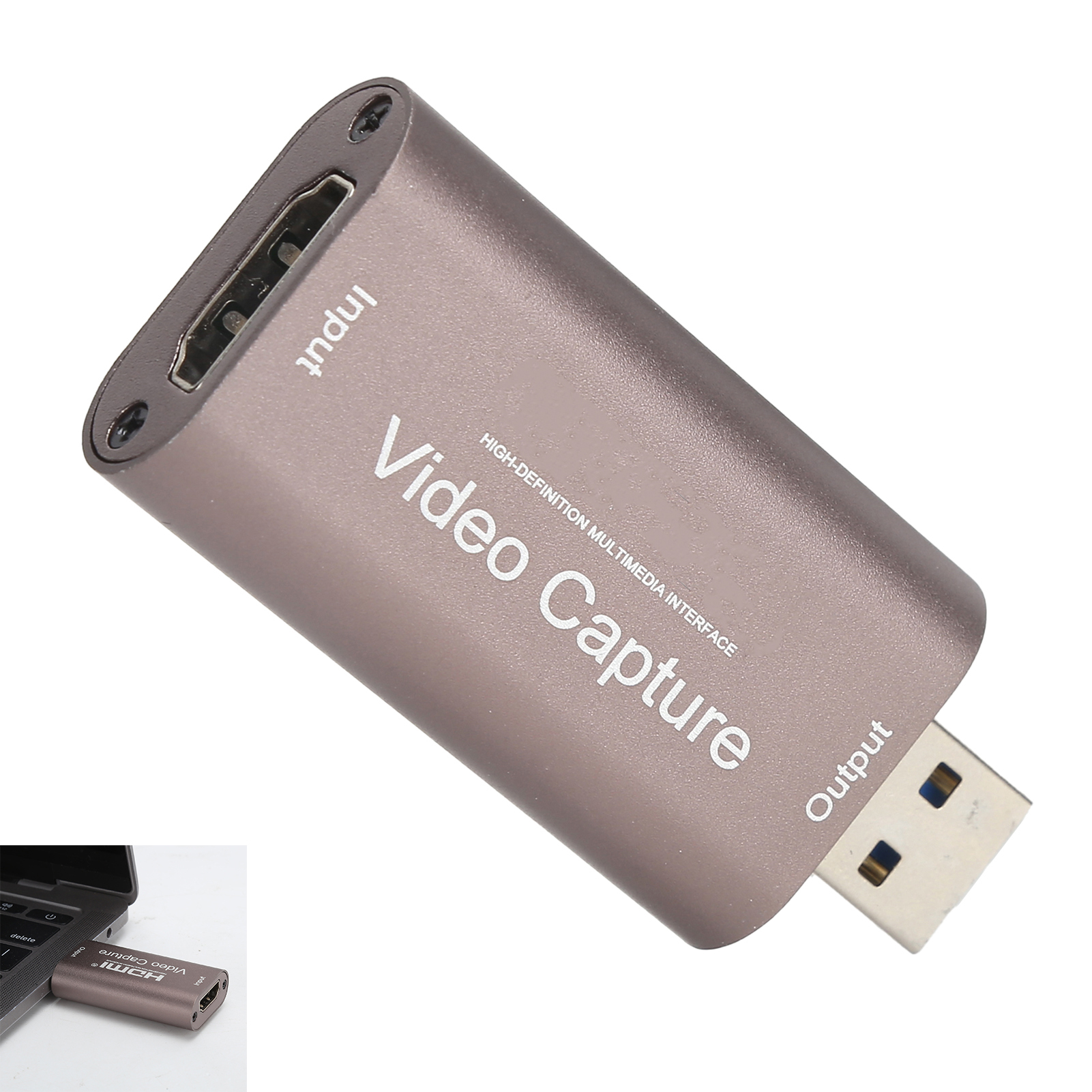 Ein graues Videoaufnahmegerät mit HDMI-Eingang und USB-Ausgang wird gezeigt. Aufschrift: 'Video Capture'.