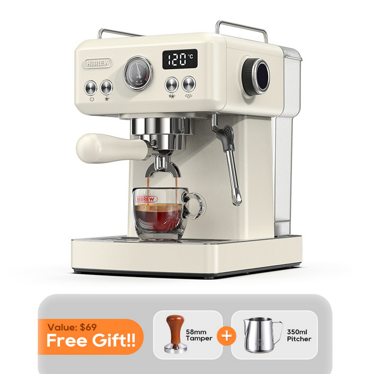 Kremowy ekspres do kawy z cyfrowym wyświetlaczem. Zaparza się filiżanka kawy. Oferowane prezenty: ubijak i dzbanek.