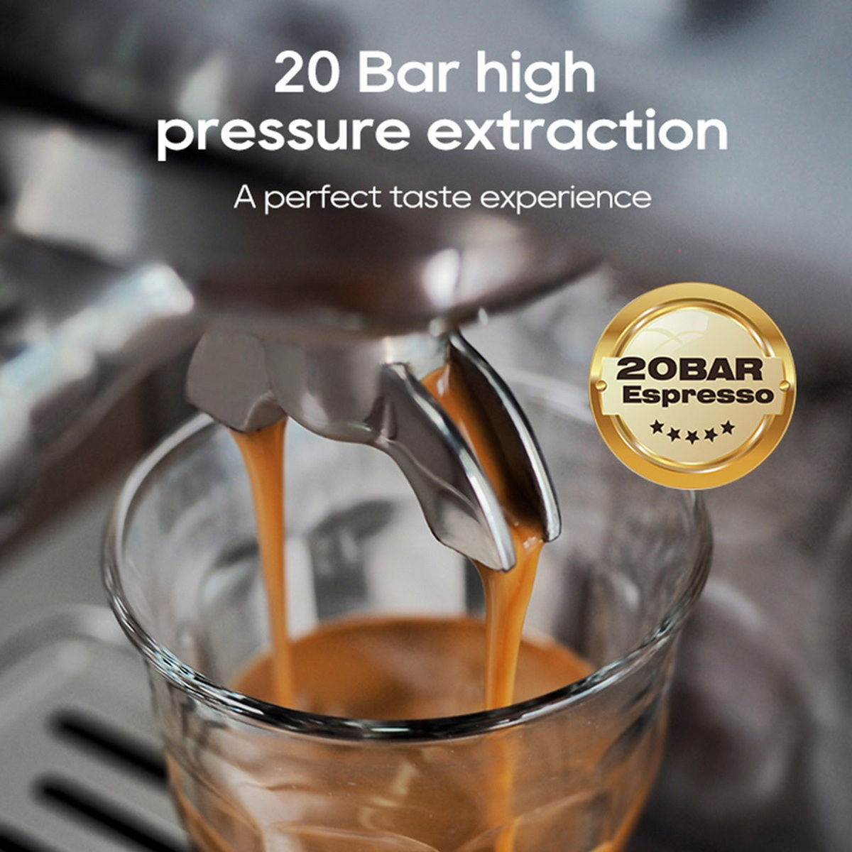 Ekspres do kawy dozujący kawę do szklanki. Tekst: Ekstrakcja pod wysokim ciśnieniem 20 barów. Perfekcyjne doznania smakowe. Złota odznaka.