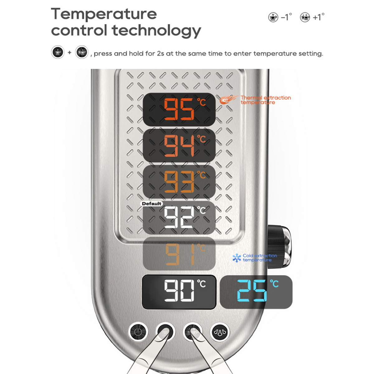 Cyfrowy wyświetlacz pokazuje temperatury. Panel sterowania ma przyciski i ustawienia temperatury. Temperatura waha się od 90 do 95 stopni Celsjusza.